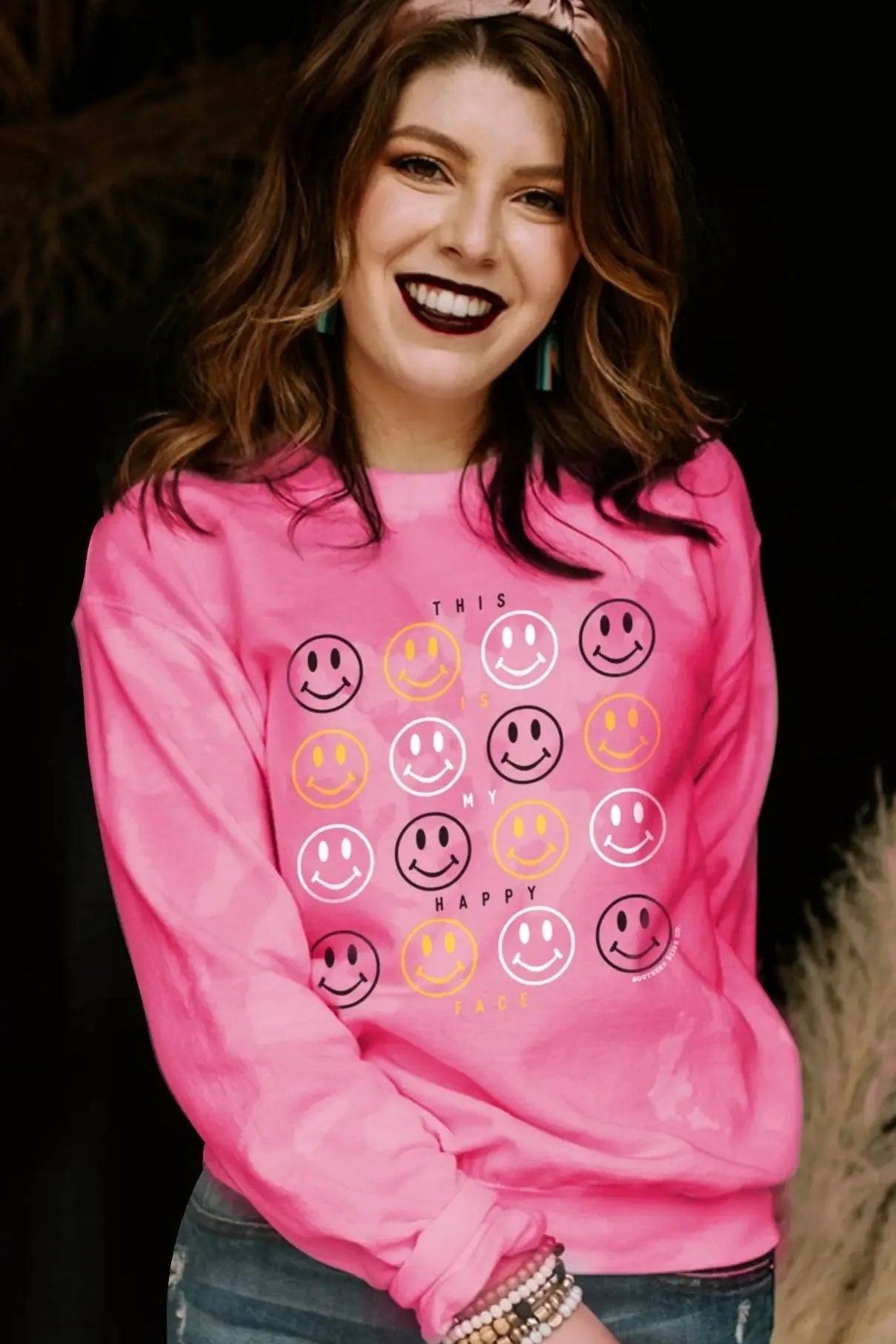 This Is My Happy Face Pink Bleached Sweatshirt - Atomic Wildflower