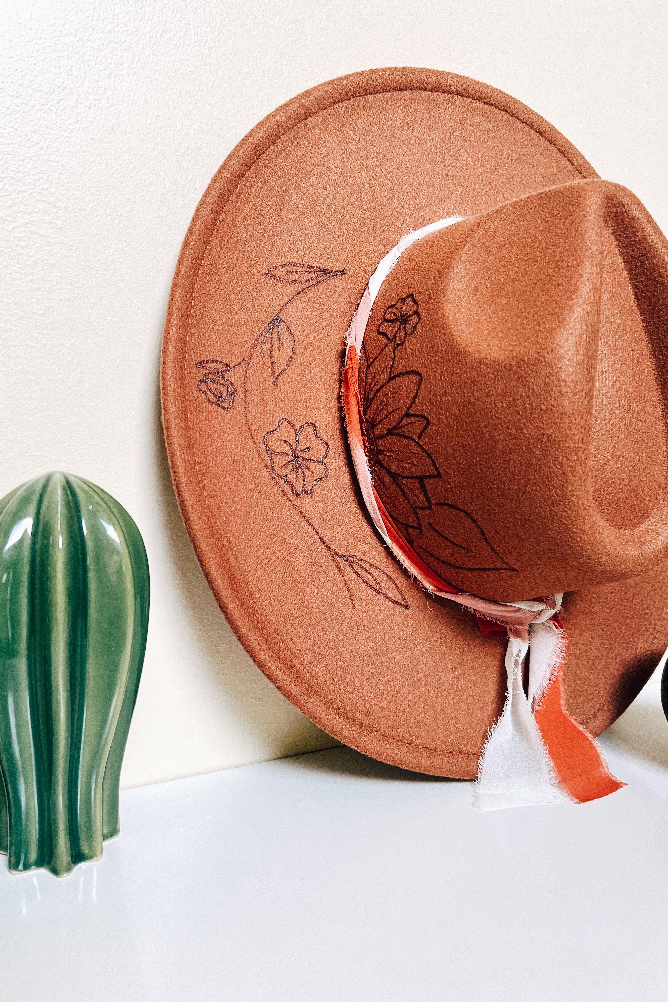 Wildflower + Vine Hand Burned Wide Brim Hat • Caramel - Atomic Wildflower