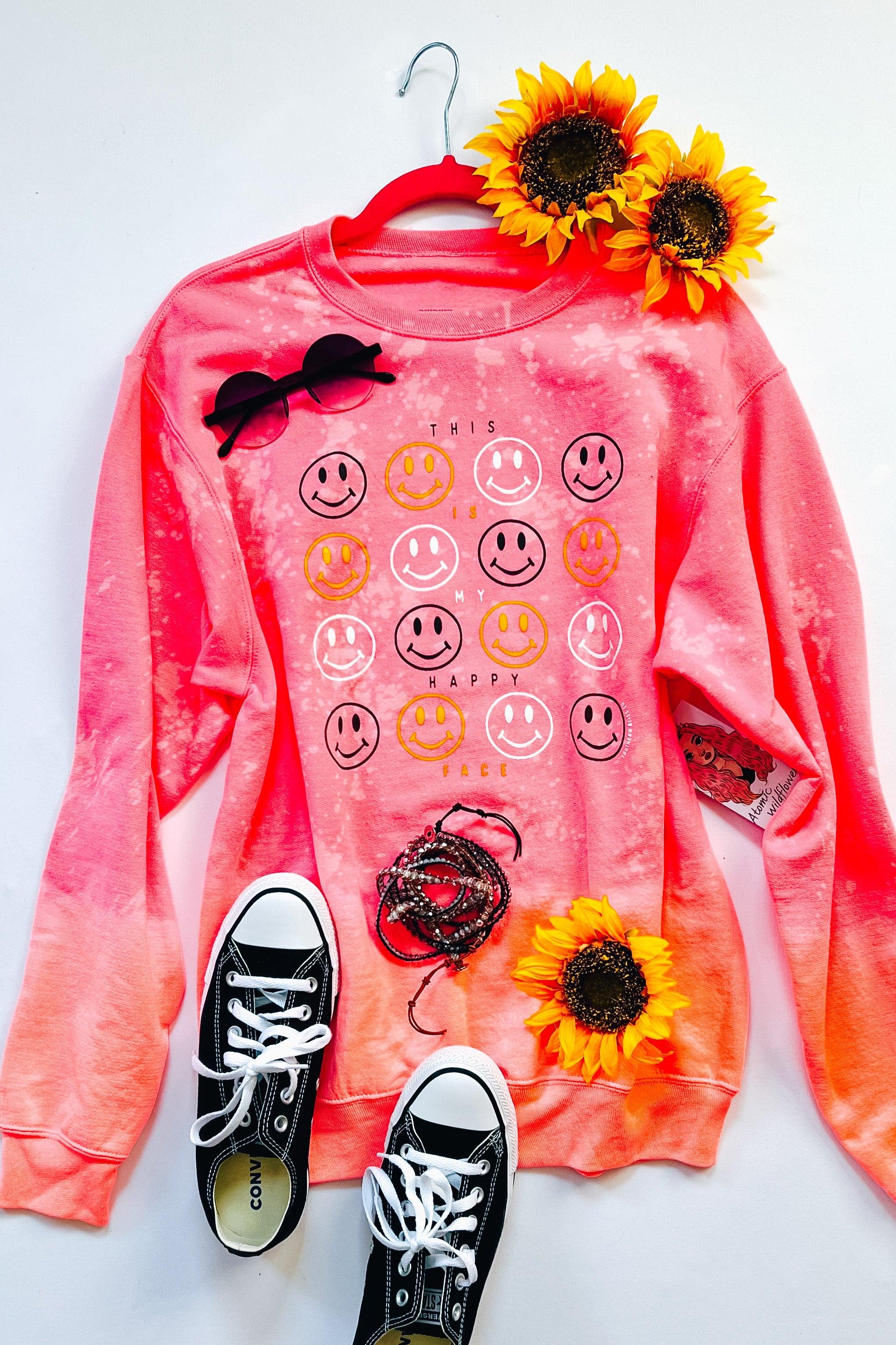 This Is My Happy Face Pink Bleached Sweatshirt - Atomic Wildflower