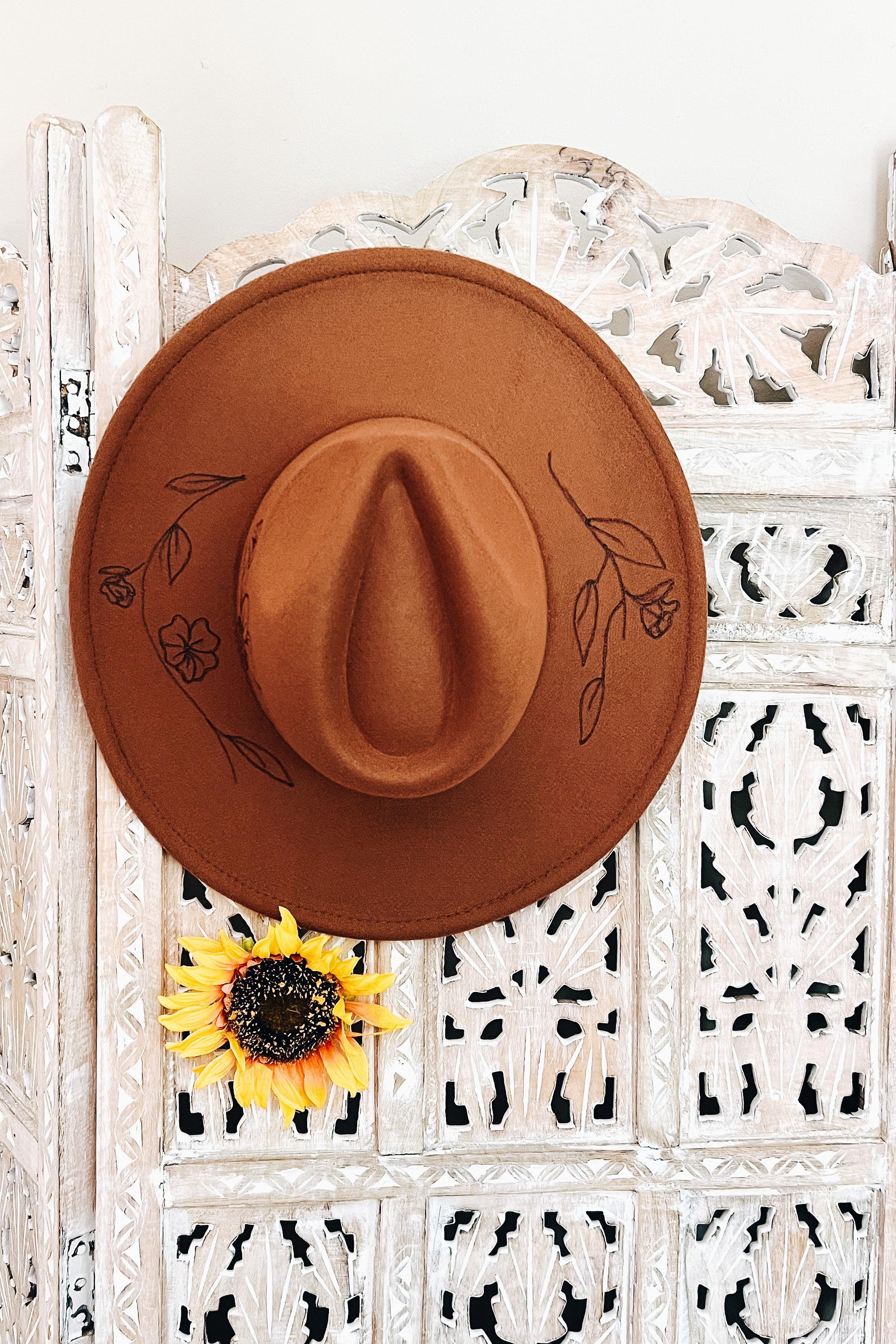 Wildflower + Vine Hand Burned Wide Brim Hat • Caramel - Atomic Wildflower