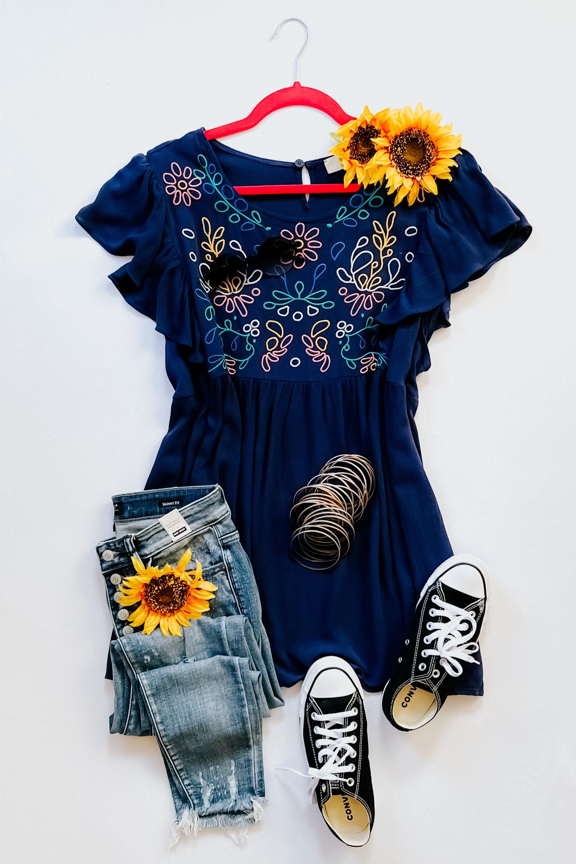 Plenty Of Love Embroidered Flutter Sleeve Top - Atomic Wildflower
