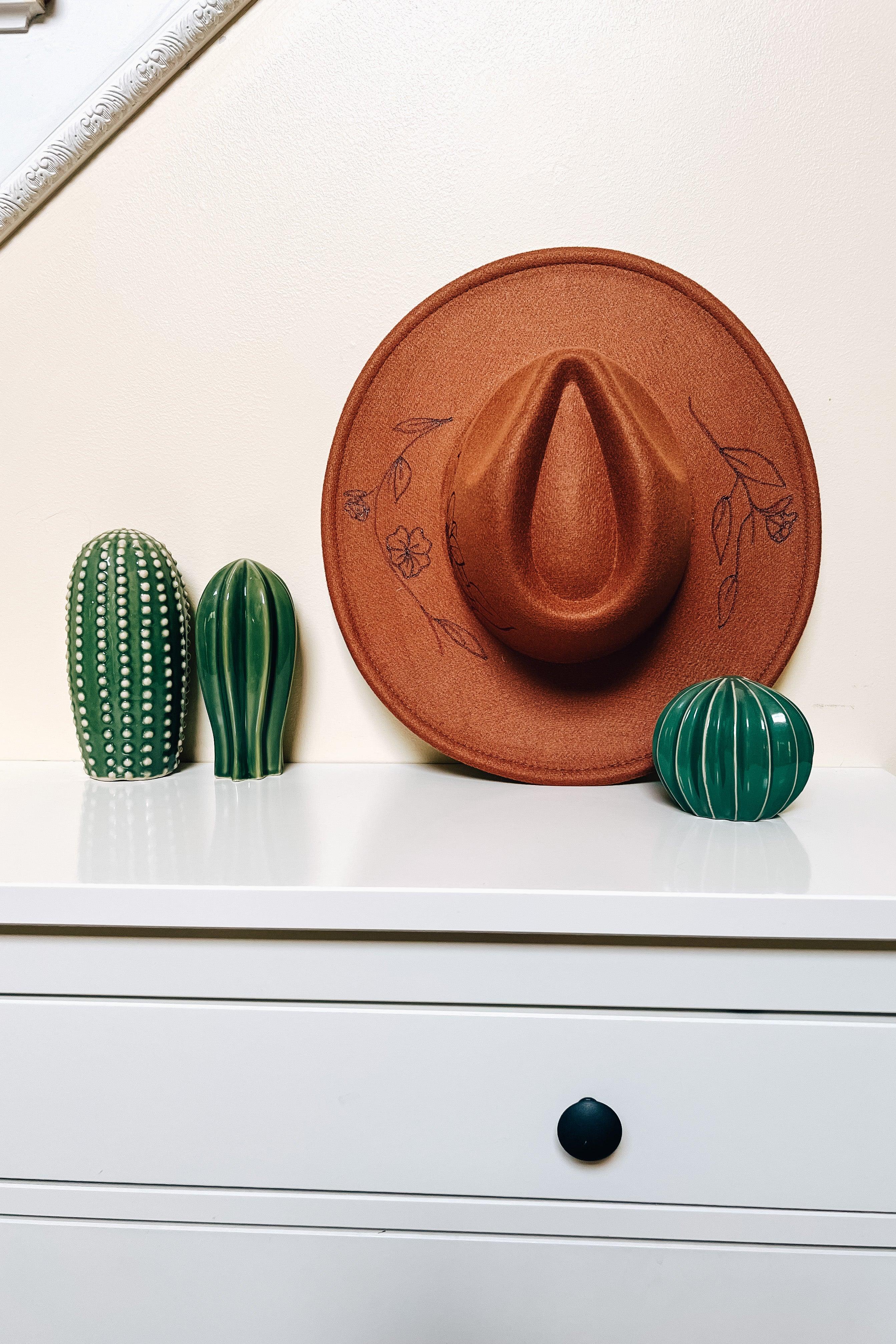 Wildflower + Vine Hand Burned Wide Brim Hat • Caramel - Atomic Wildflower