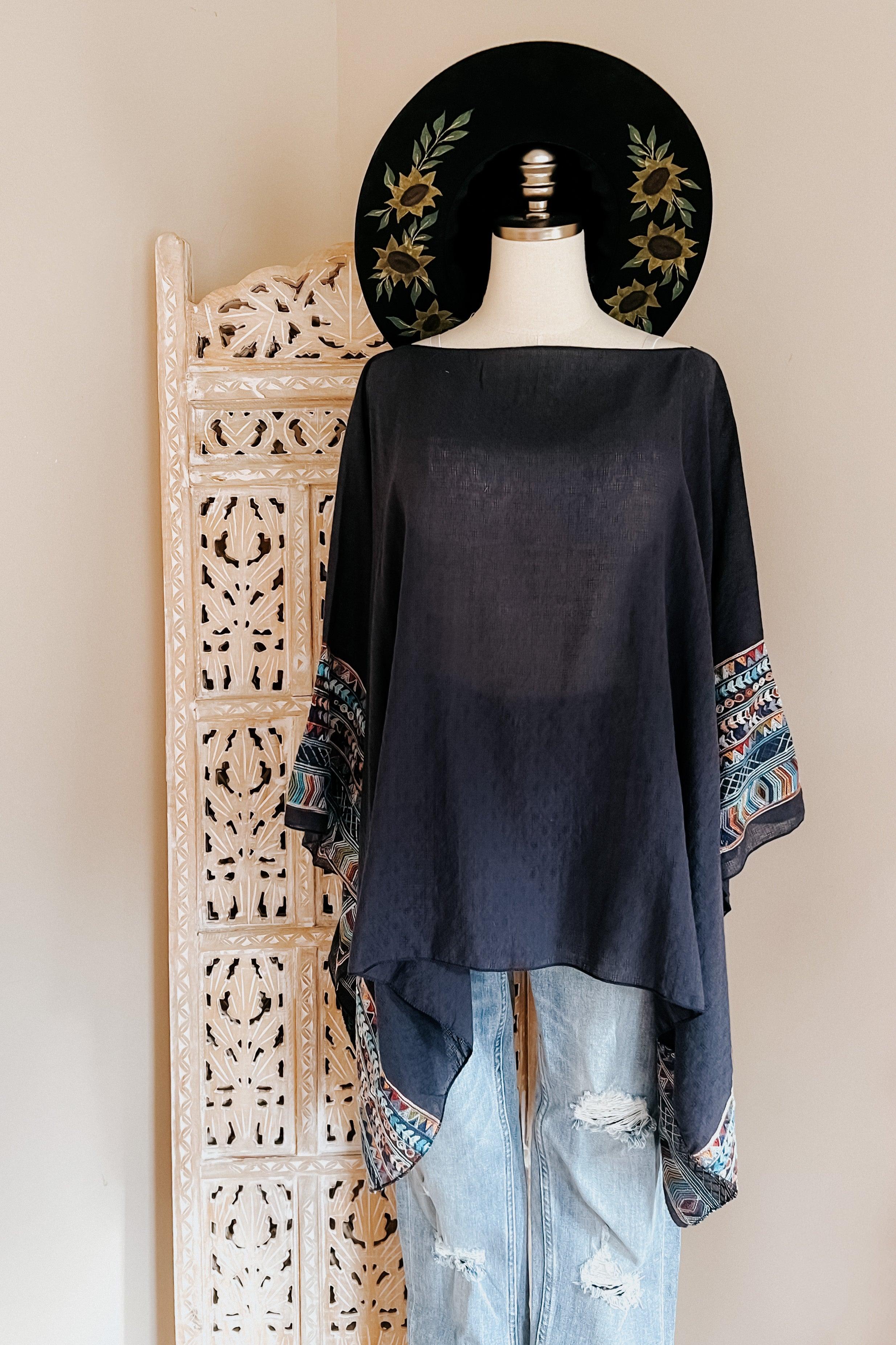 Elevated Embroidered Sleeve Light Poncho • Navy - Atomic Wildflower