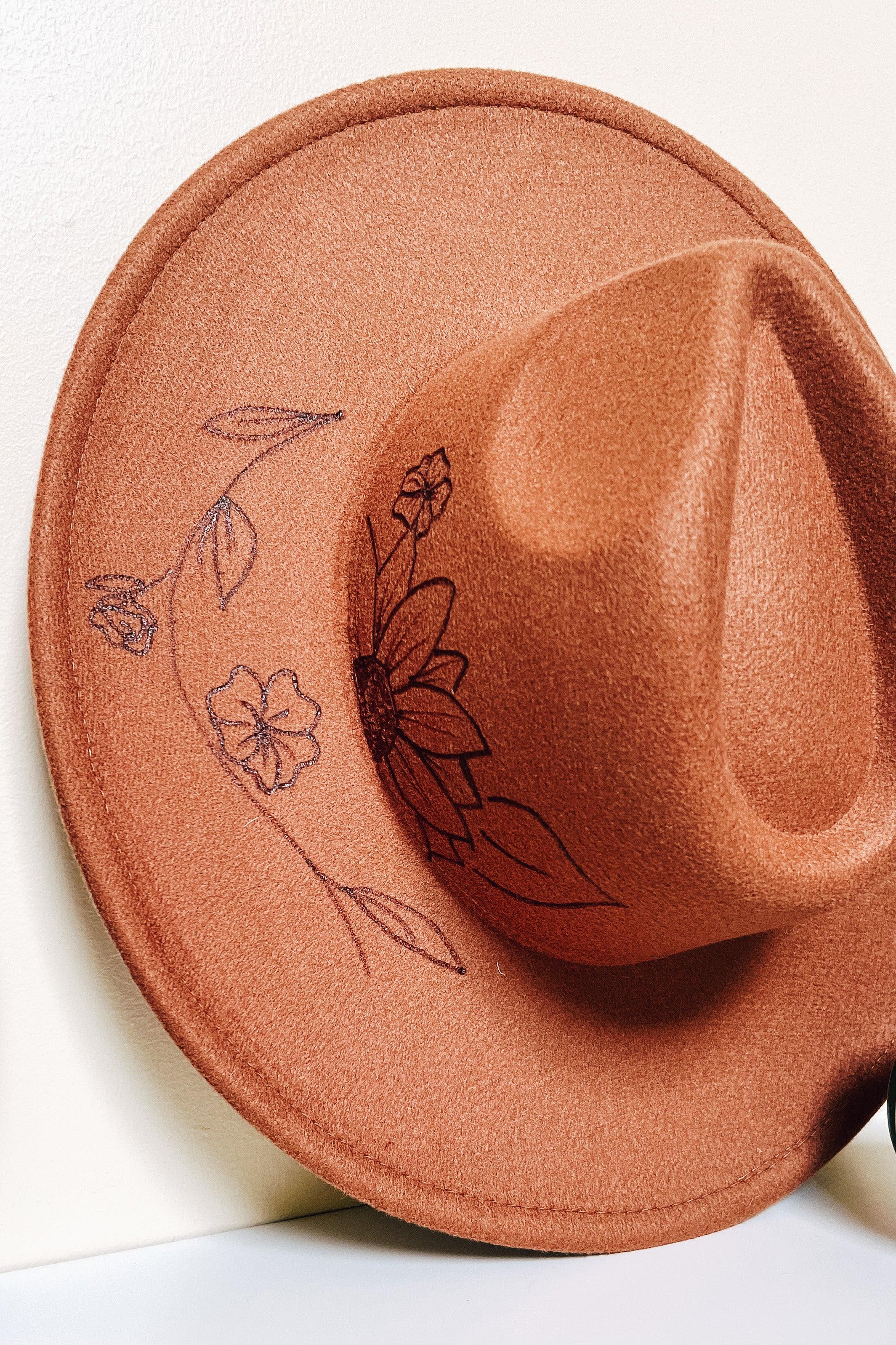 Wildflower + Vine Hand Burned Wide Brim Hat • Caramel - Atomic Wildflower