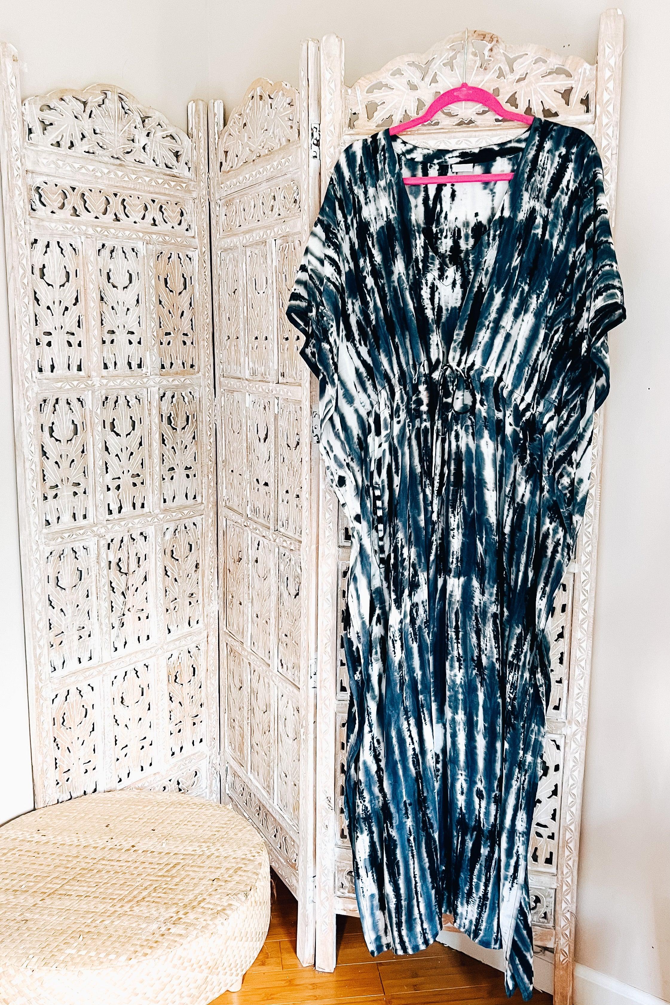 Cassiopeia Maxi Shibori Dyed Caftan Dress • Charcoal/Navy - Atomic Wildflower