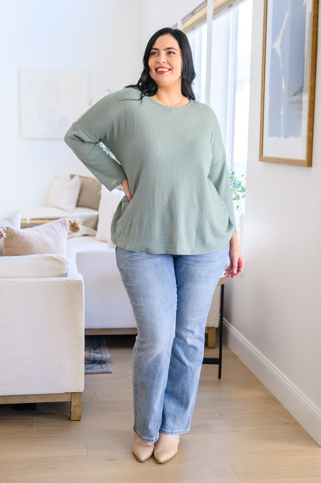 Austin Waffle Knit Basic Top • Sage