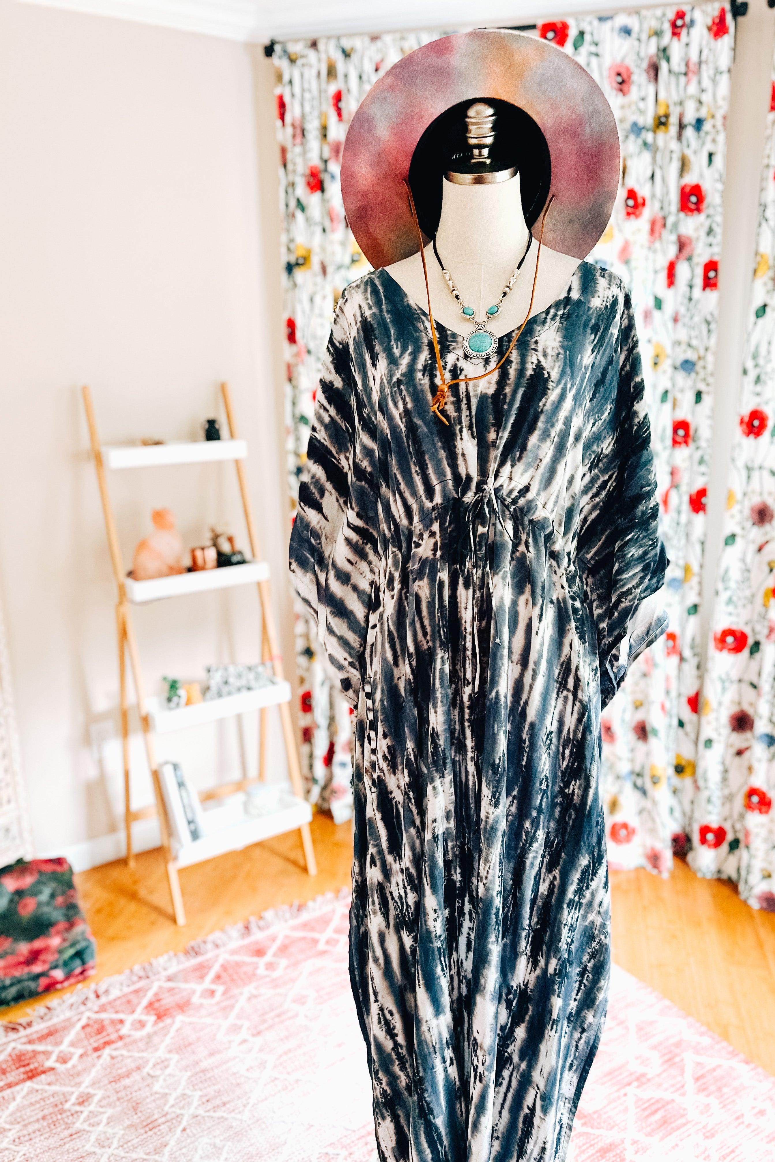Cassiopeia Maxi Shibori Dyed Caftan Dress • Charcoal/Navy - Atomic Wildflower