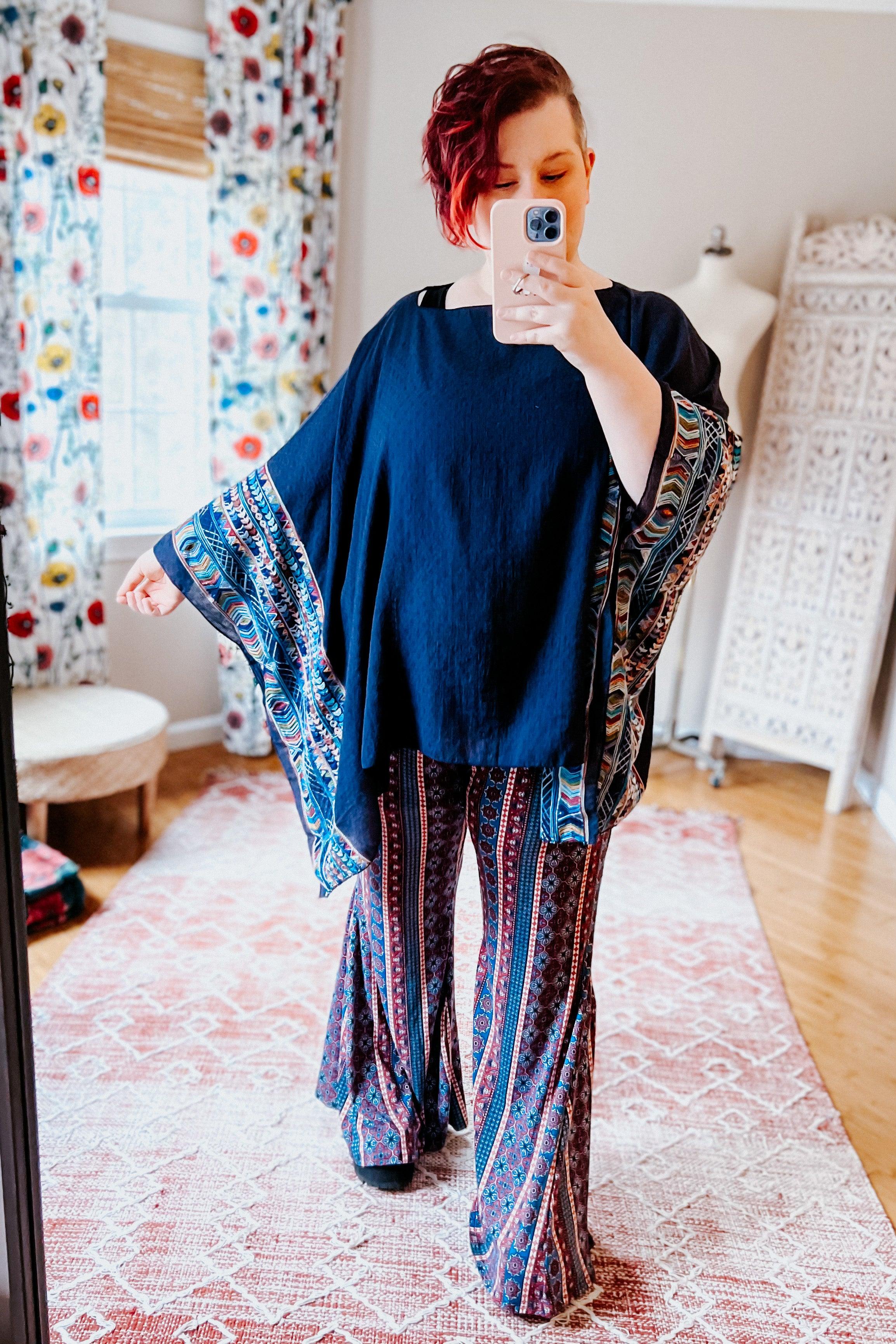 Elevated Embroidered Sleeve Light Poncho • Navy - Atomic Wildflower