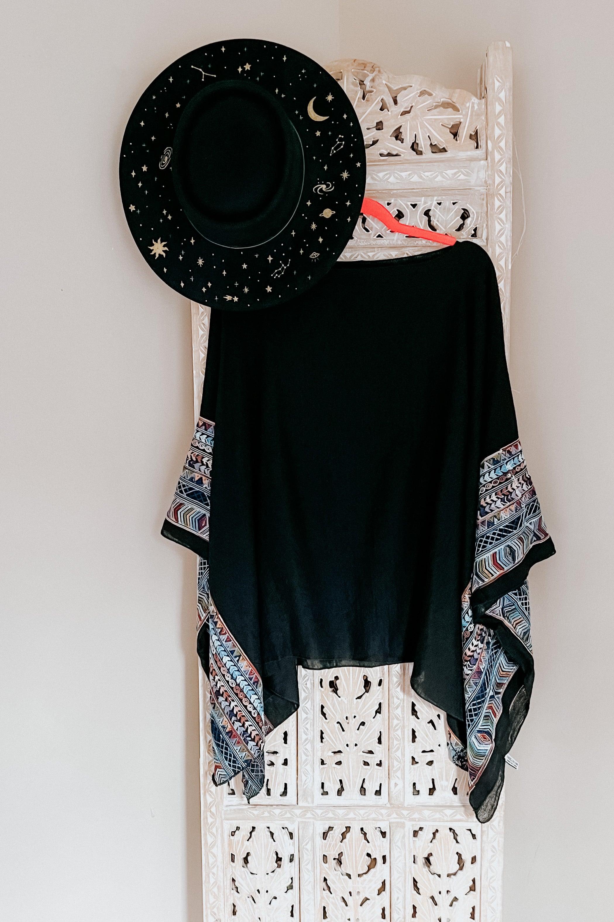 Elevated Embroidered Sleeve Light Poncho • Black - Atomic Wildflower