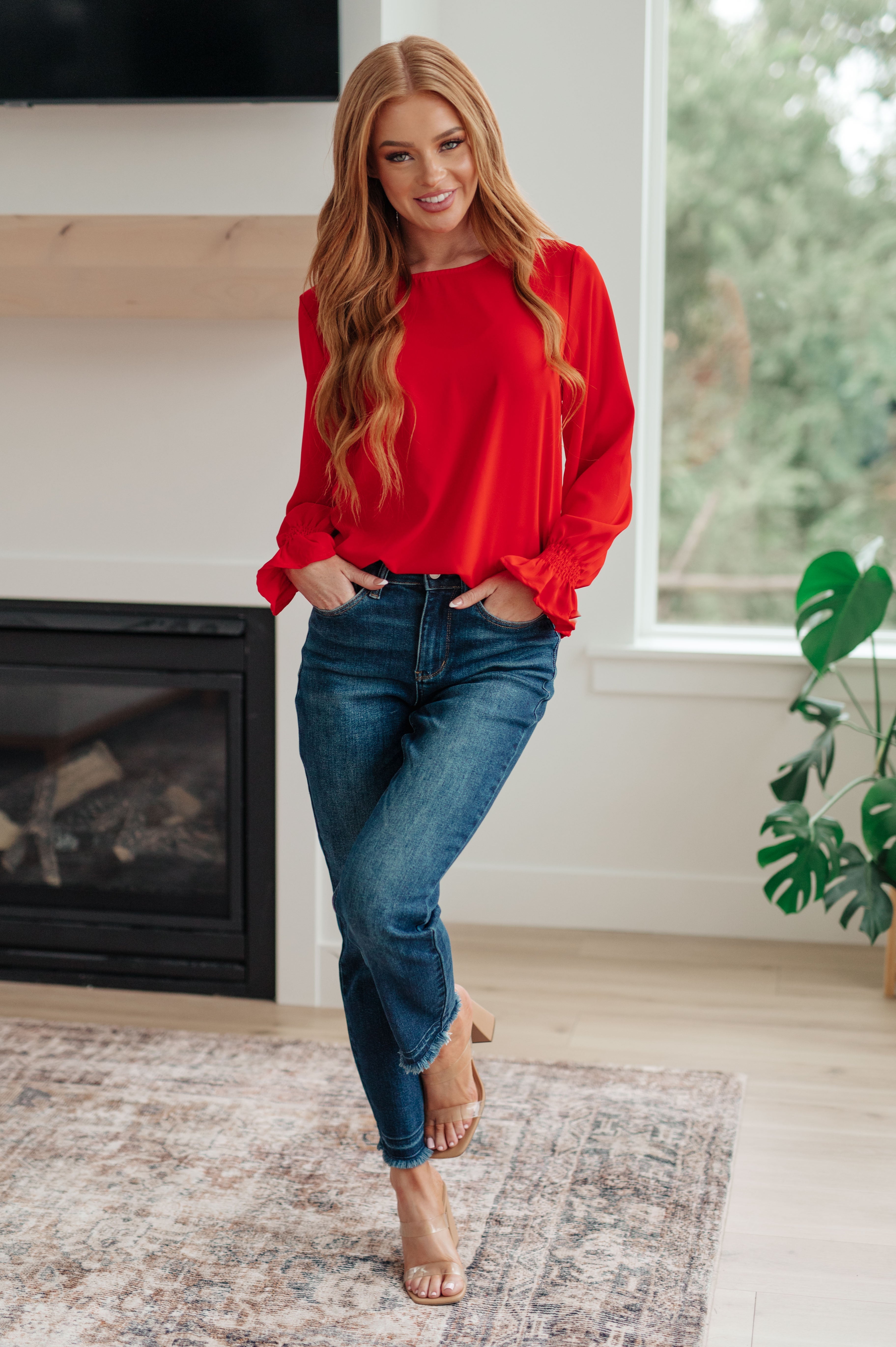 Peaceful Moments Smocked Sleeve Blouse • Red