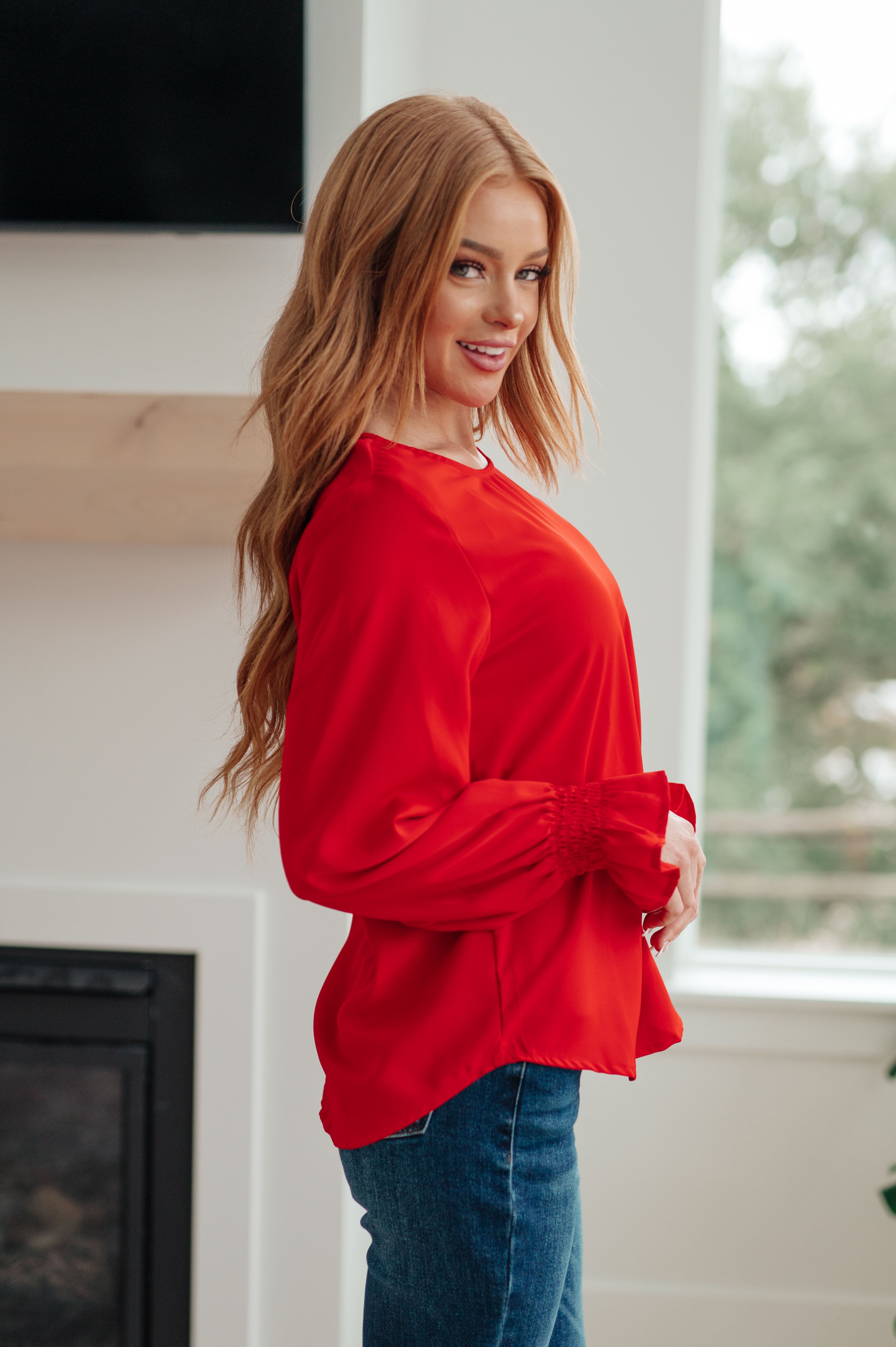 Peaceful Moments Smocked Sleeve Blouse • Red