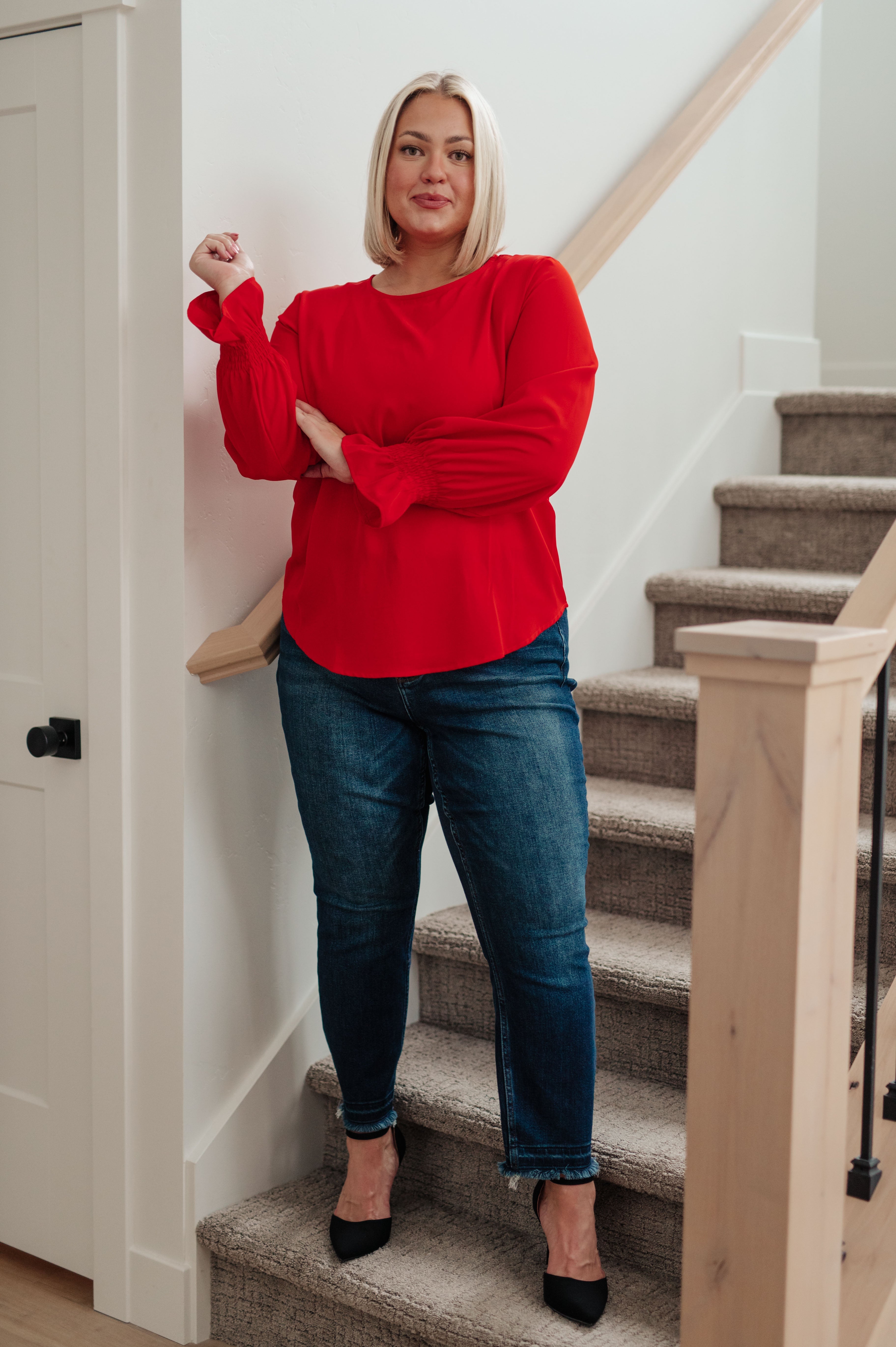 Peaceful Moments Smocked Sleeve Blouse • Red