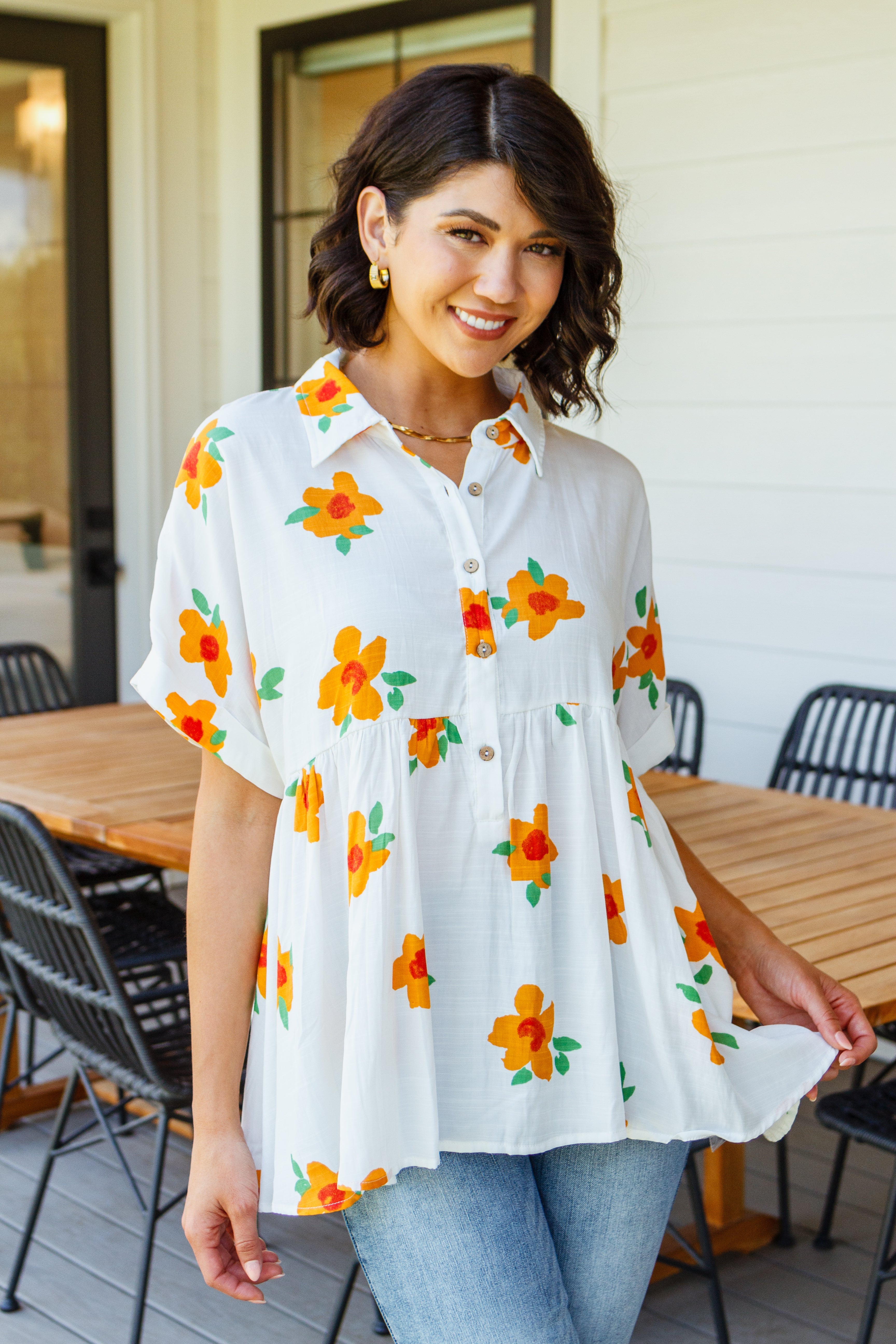 Blissed Out Button Up Babydoll Tunic - Atomic Wildflower