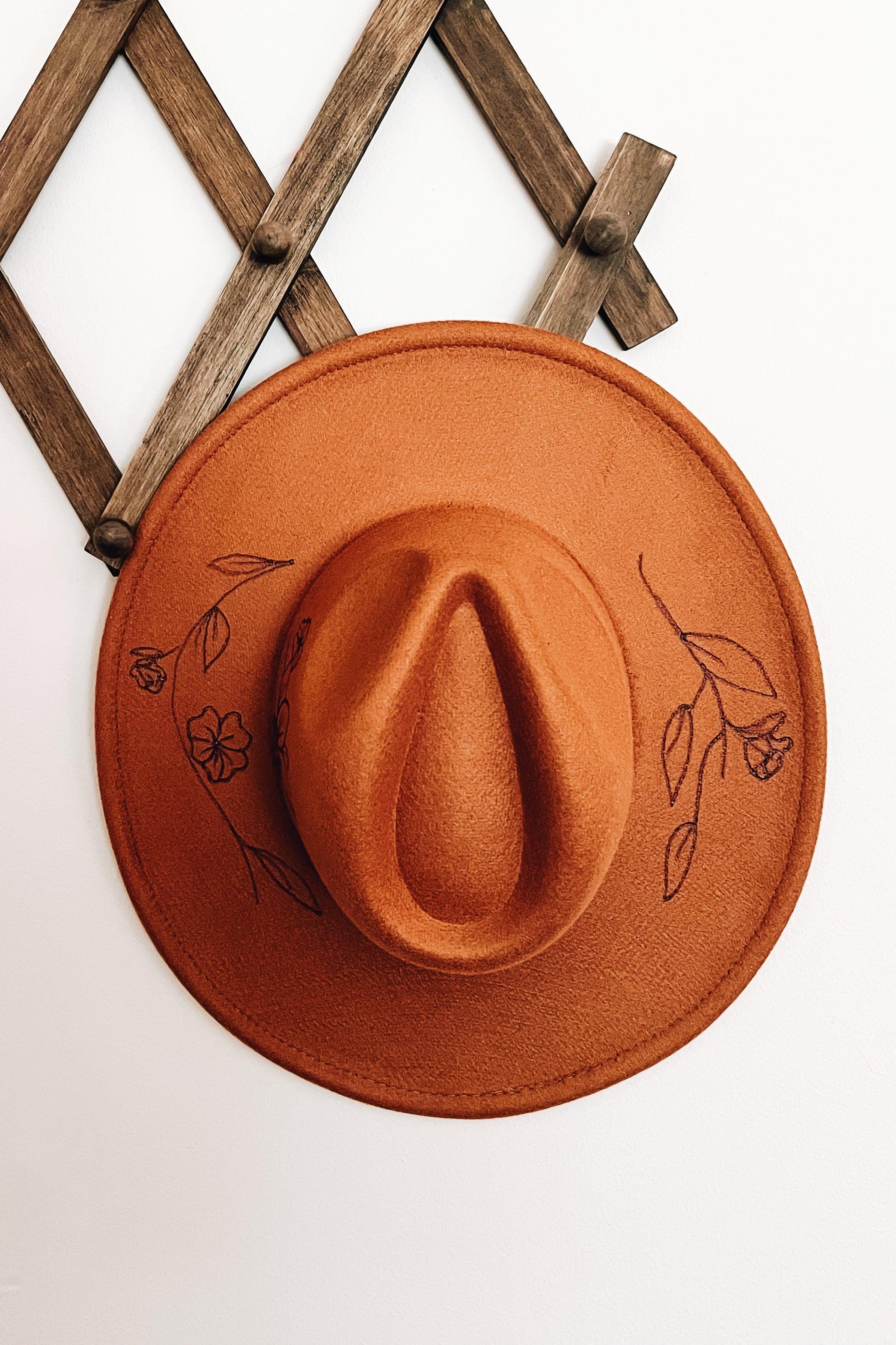 Wildflower + Vine Hand Burned Wide Brim Hat • Caramel - Atomic Wildflower