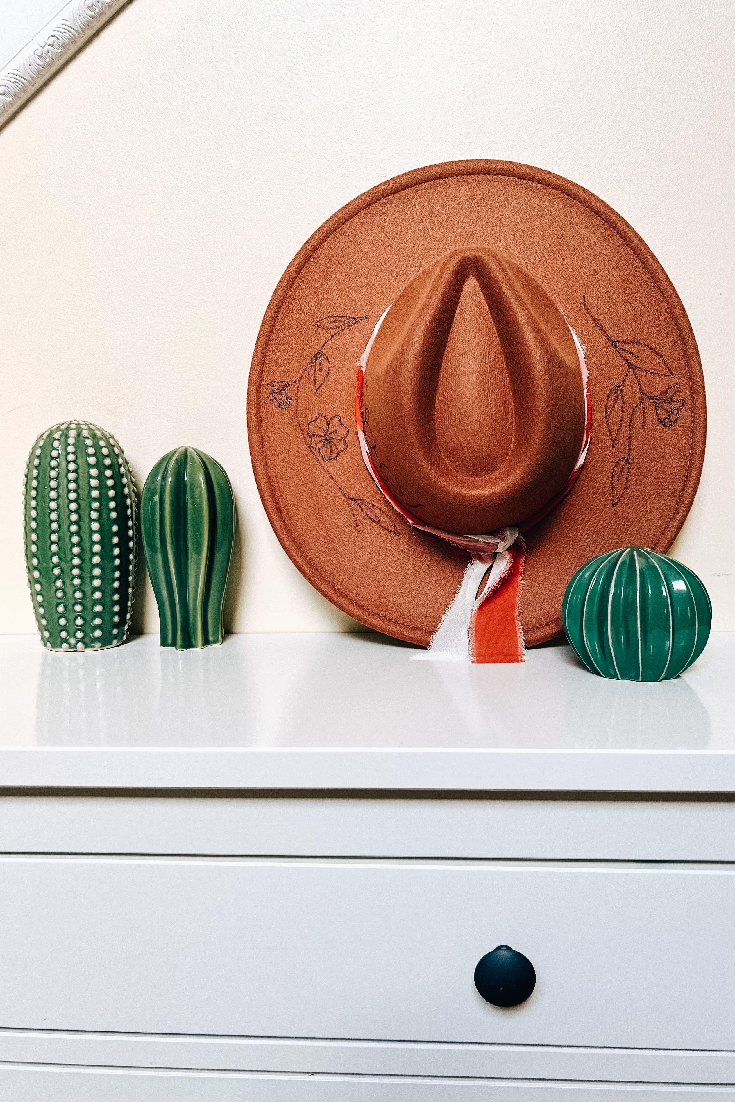 Wildflower + Vine Hand Burned Wide Brim Hat • Caramel - Atomic Wildflower