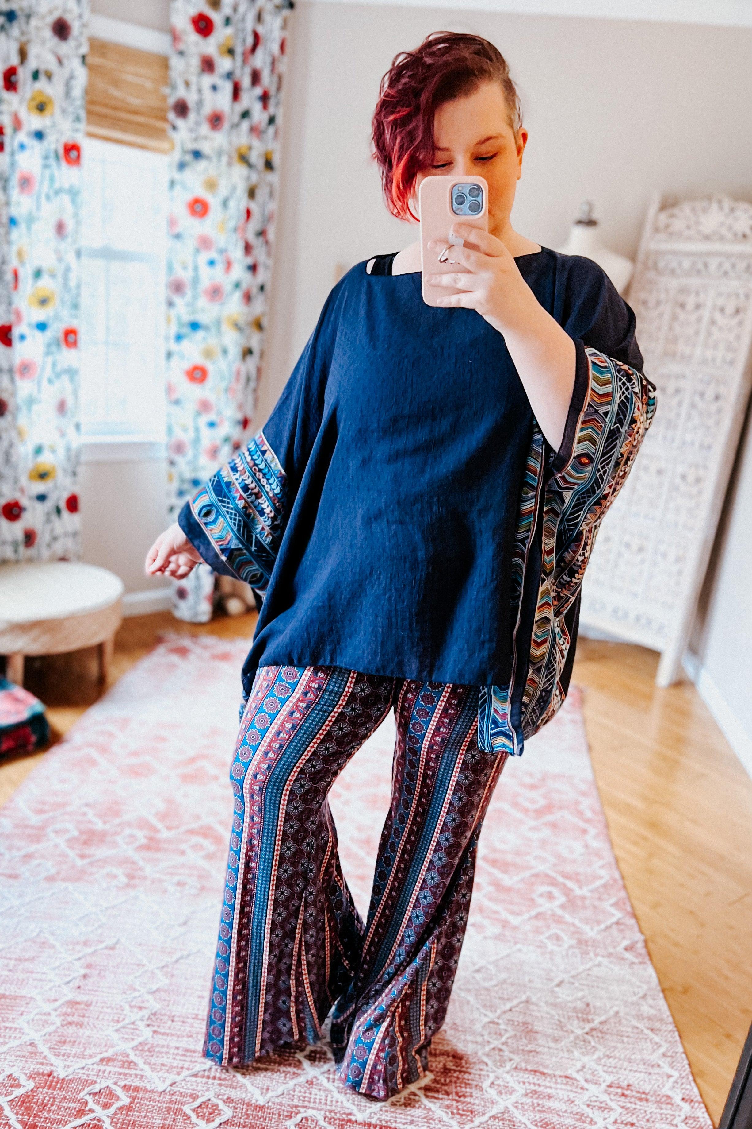 Elevated Embroidered Sleeve Light Poncho • Navy - Atomic Wildflower