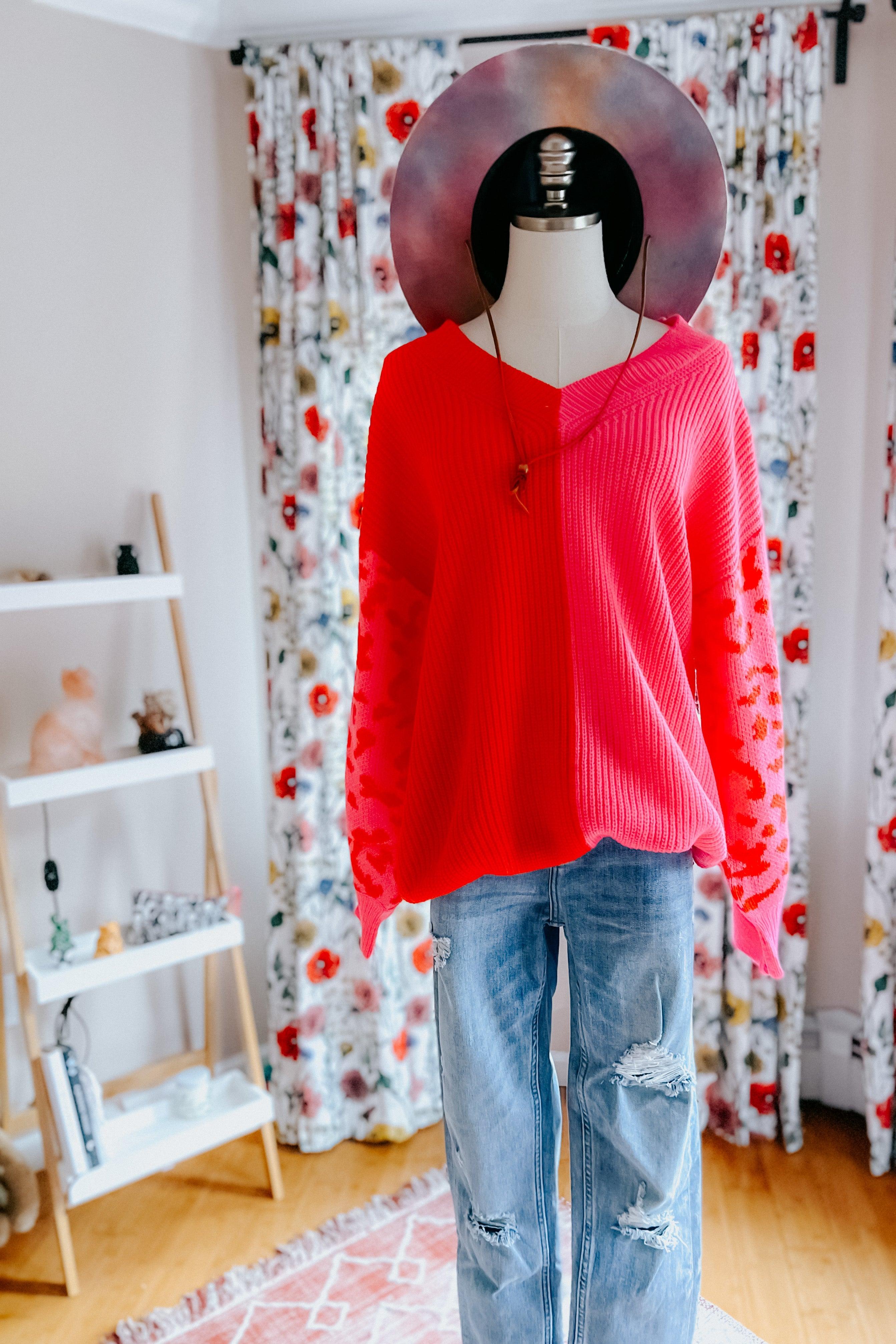 Pretty In Pink Leopard Color Block Sweater - Atomic Wildflower