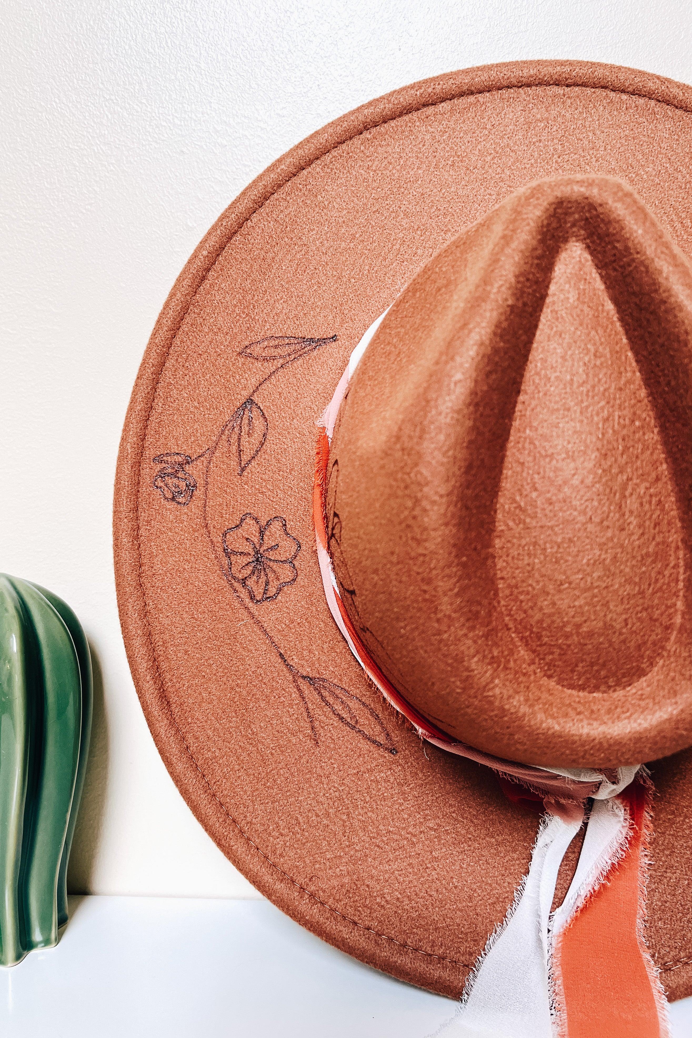 Wildflower + Vine Hand Burned Wide Brim Hat • Caramel - Atomic Wildflower
