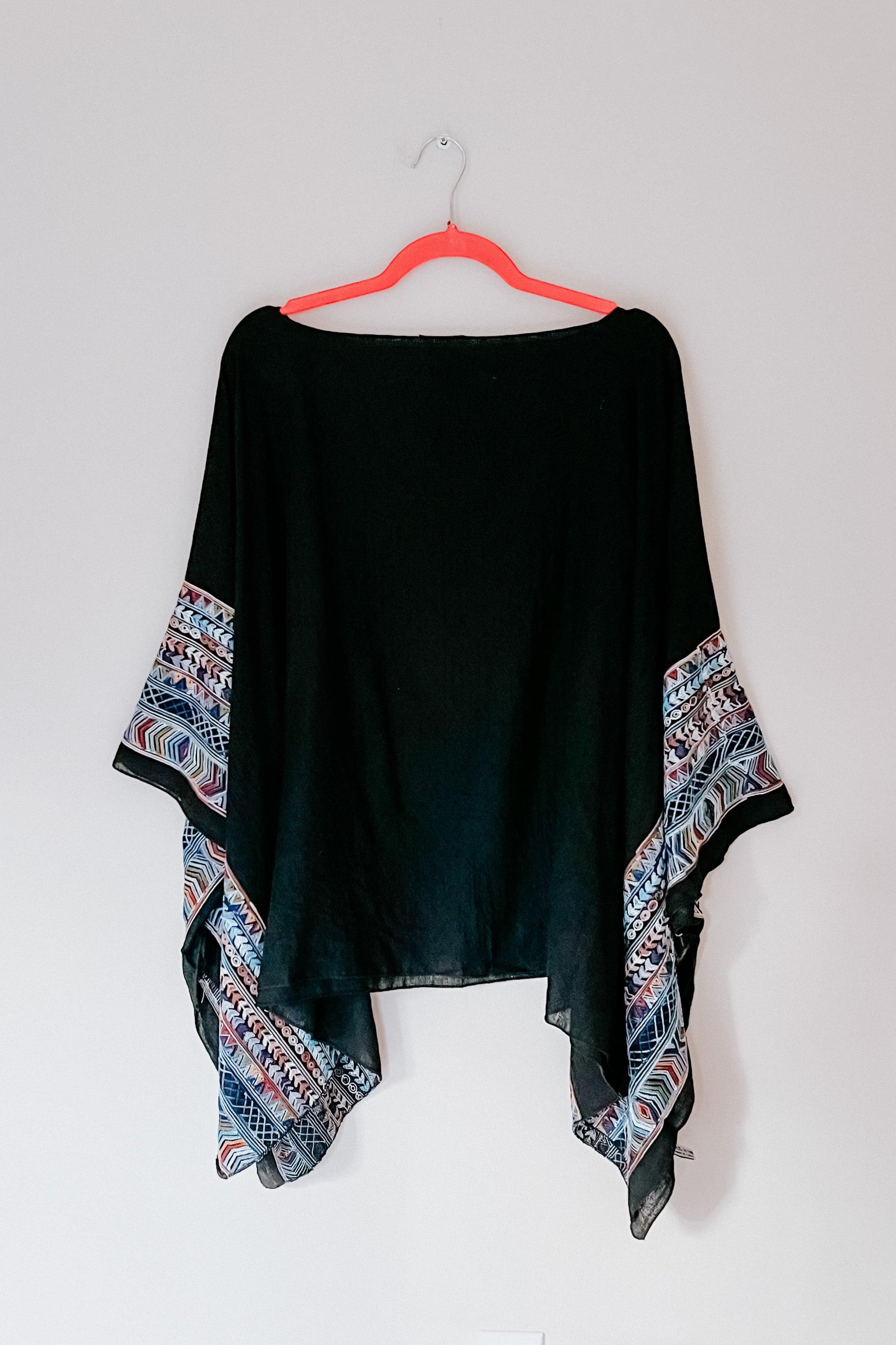 Elevated Embroidered Sleeve Light Poncho • Black - Atomic Wildflower