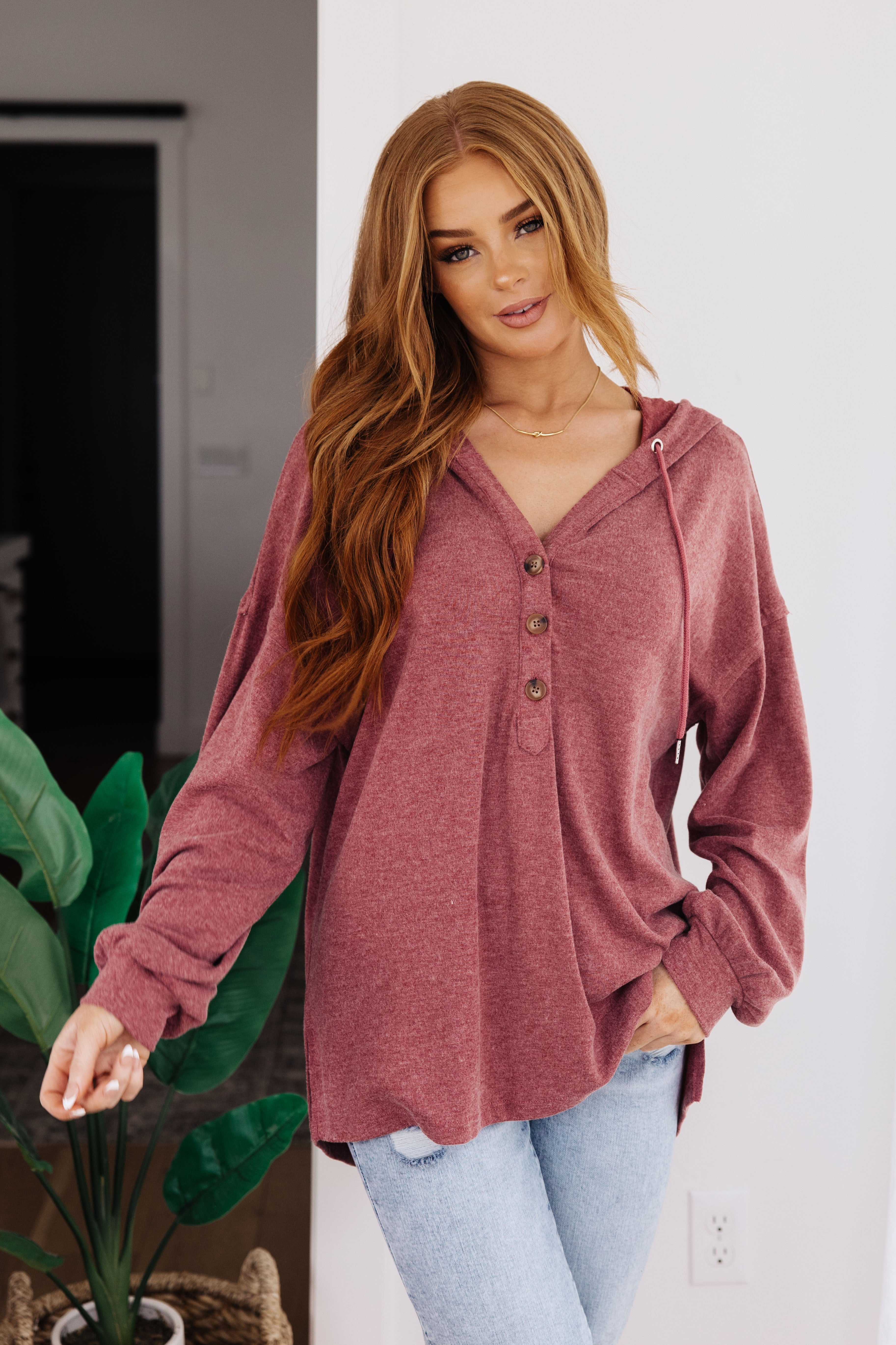 Happier Now Henley Hoodie • Burgundy