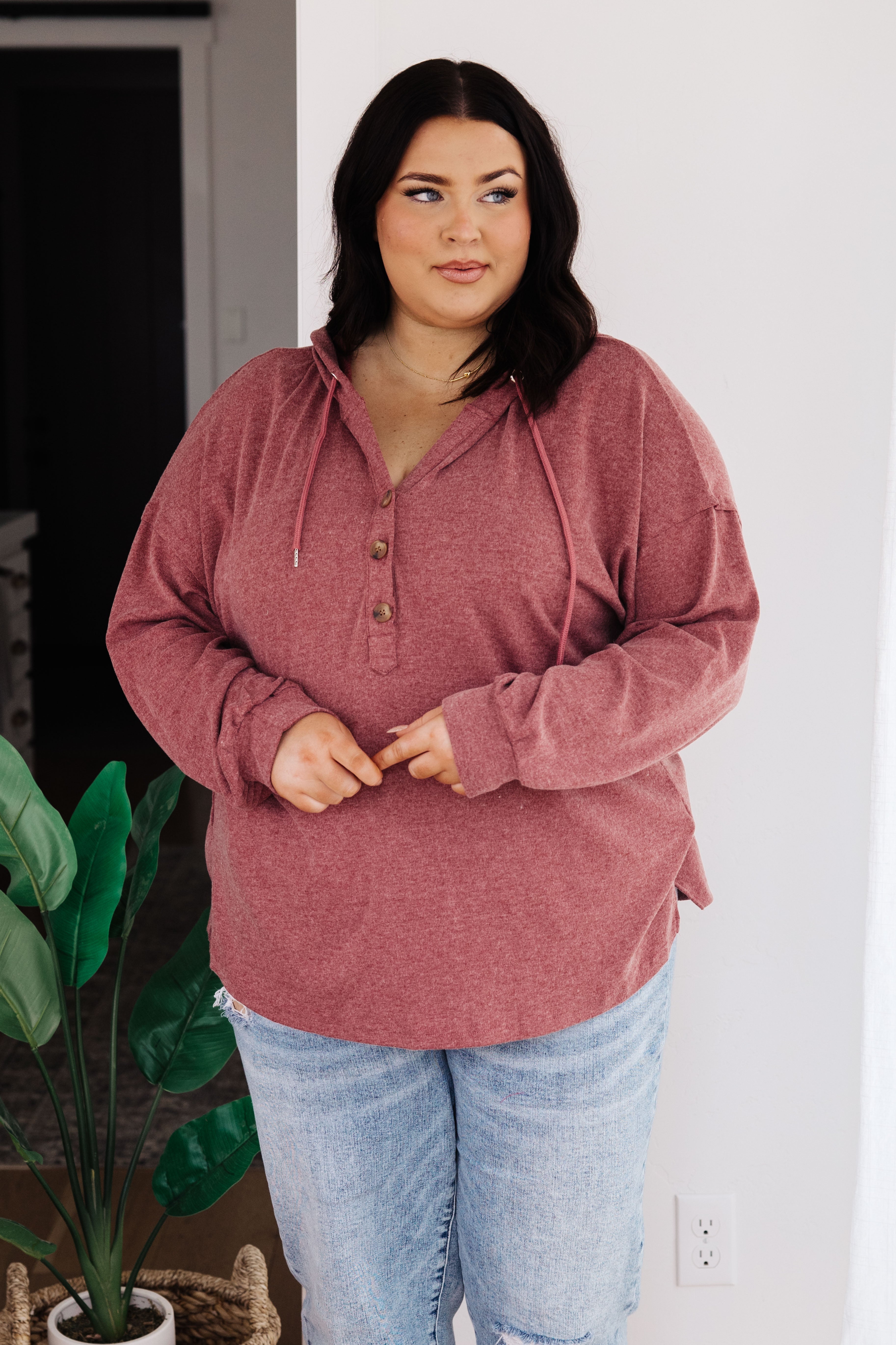 Happier Now Henley Hoodie • Burgundy