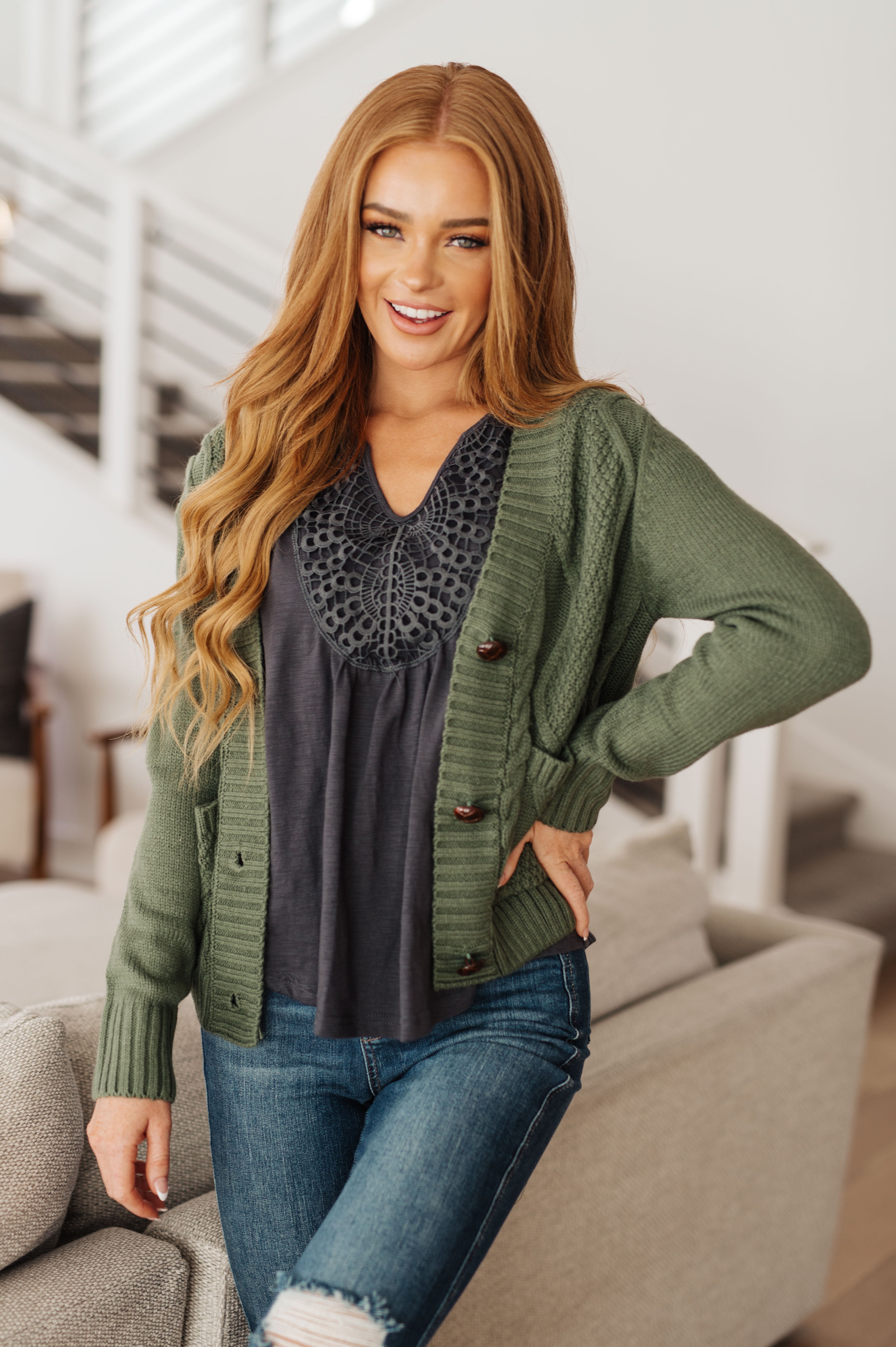 Climbing Vine Cable Knit Cardigan • Green