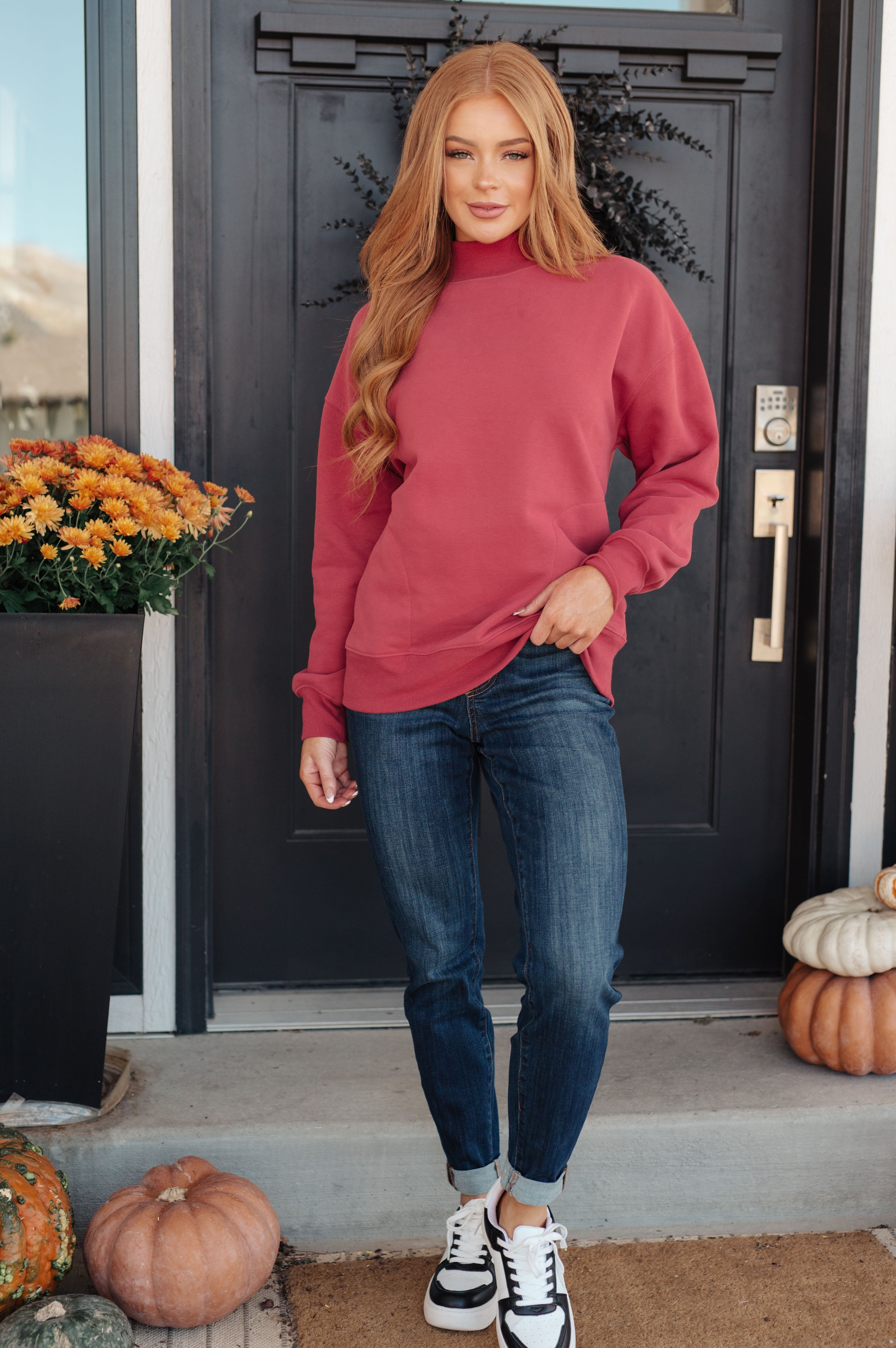 Make No Mistake Mock Neck Pullover • Cranberry