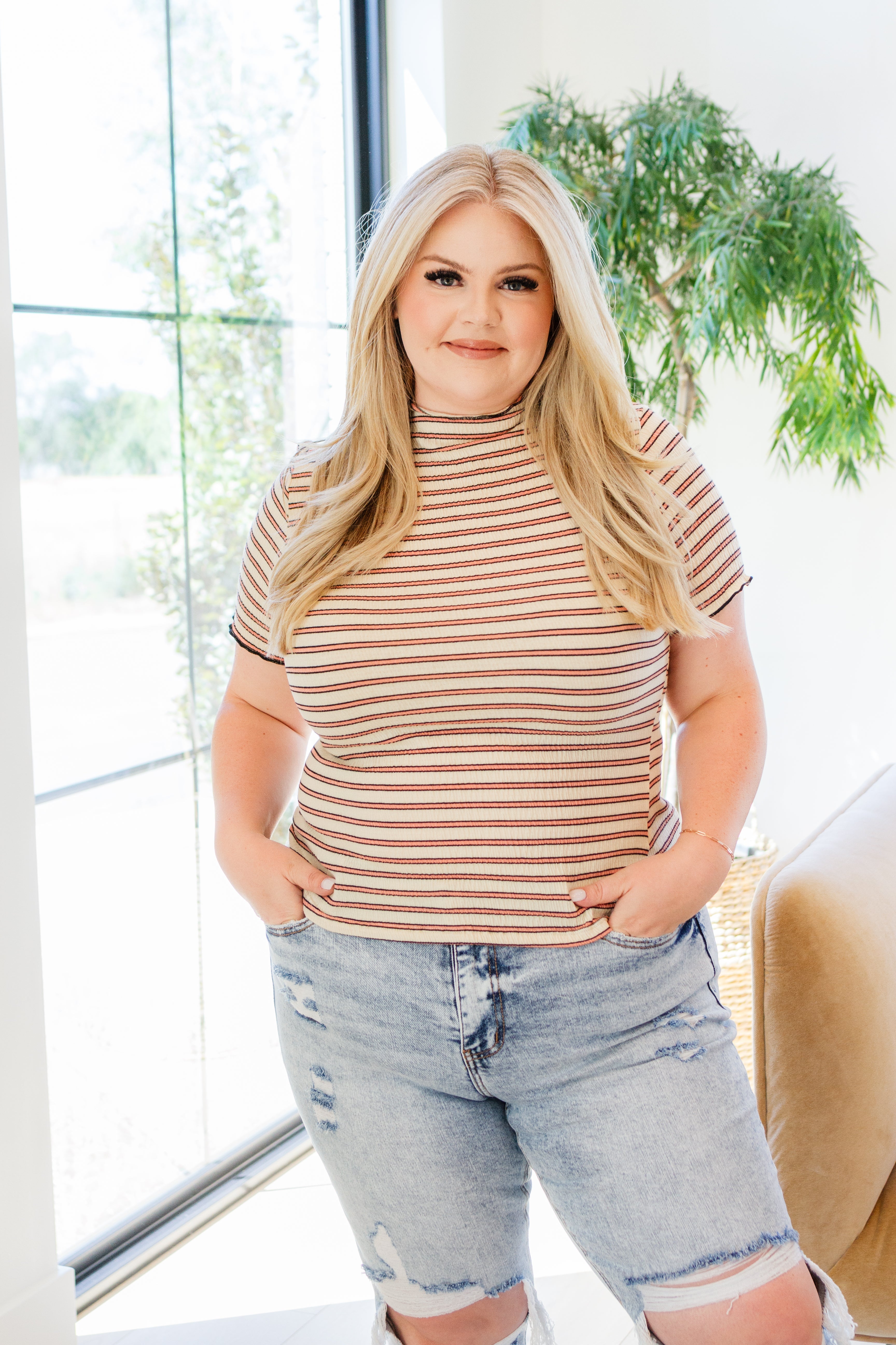 Nostalgic Note Striped Mock Neck Top - Atomic Wildflower