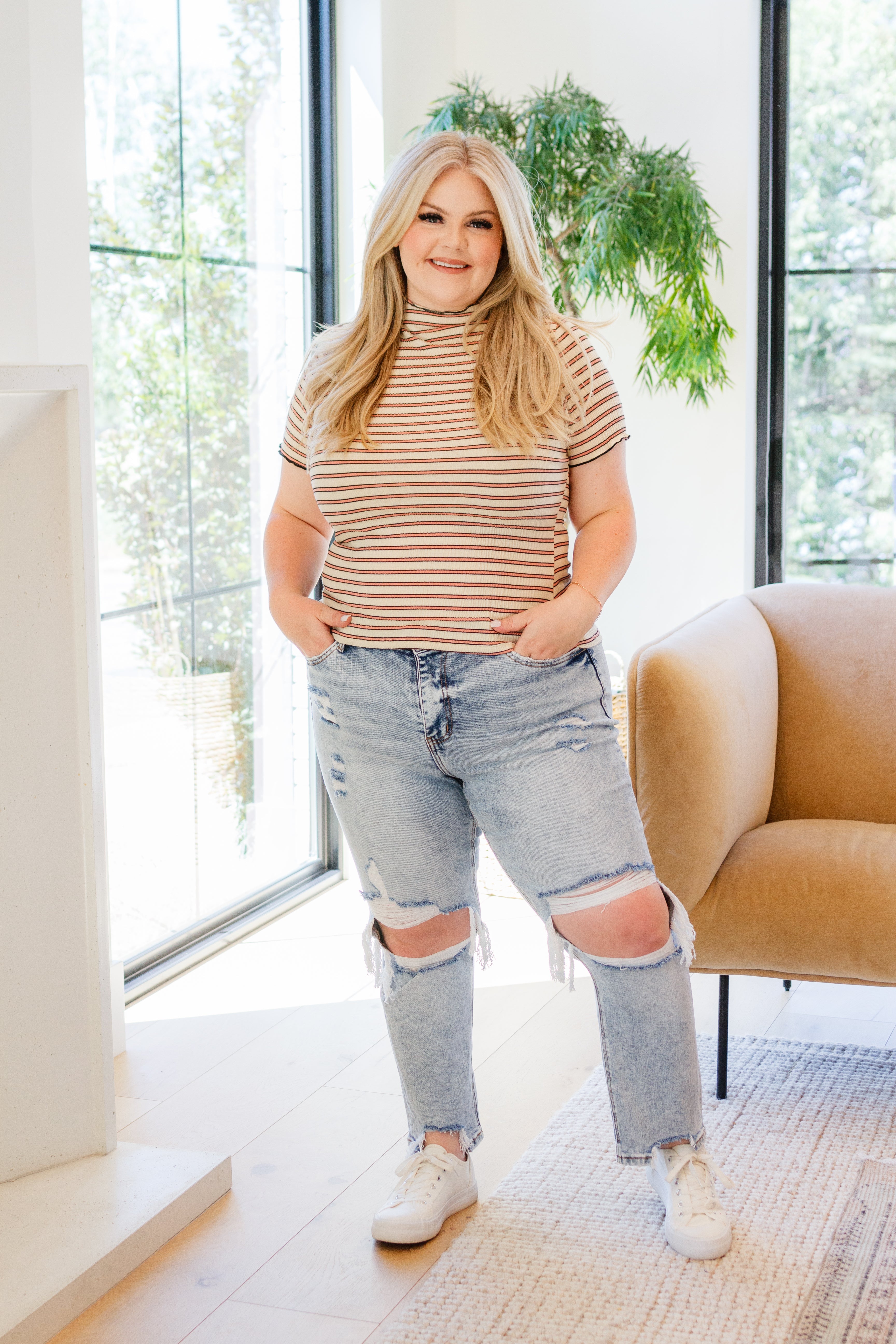 Nostalgic Note Striped Mock Neck Top - Atomic Wildflower
