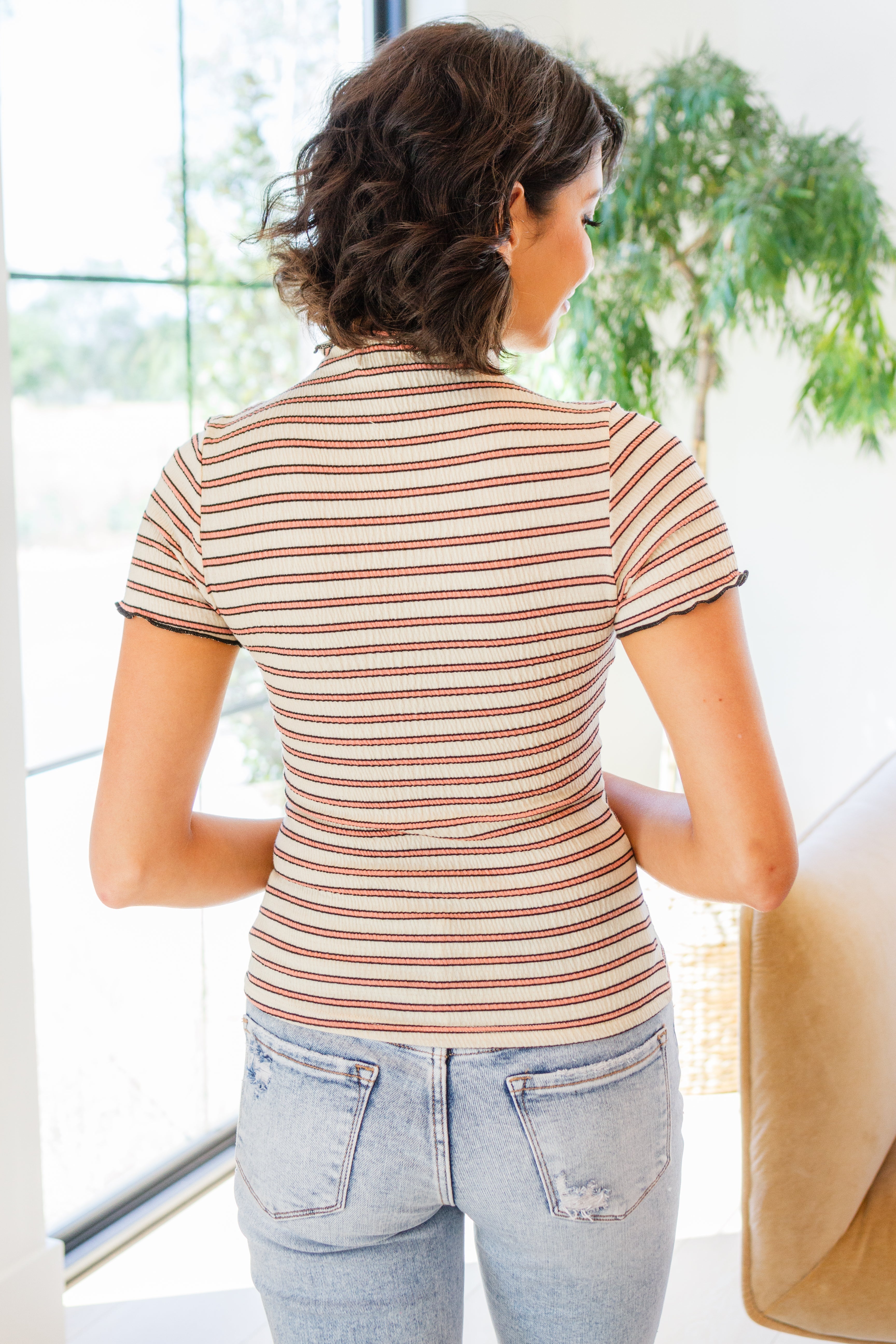 Nostalgic Note Striped Mock Neck Top - Atomic Wildflower
