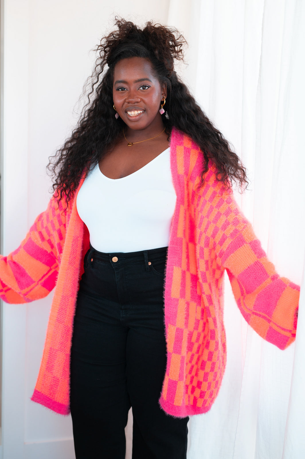 Noticed in Neon Checkered Cardigan • Pink and Orange