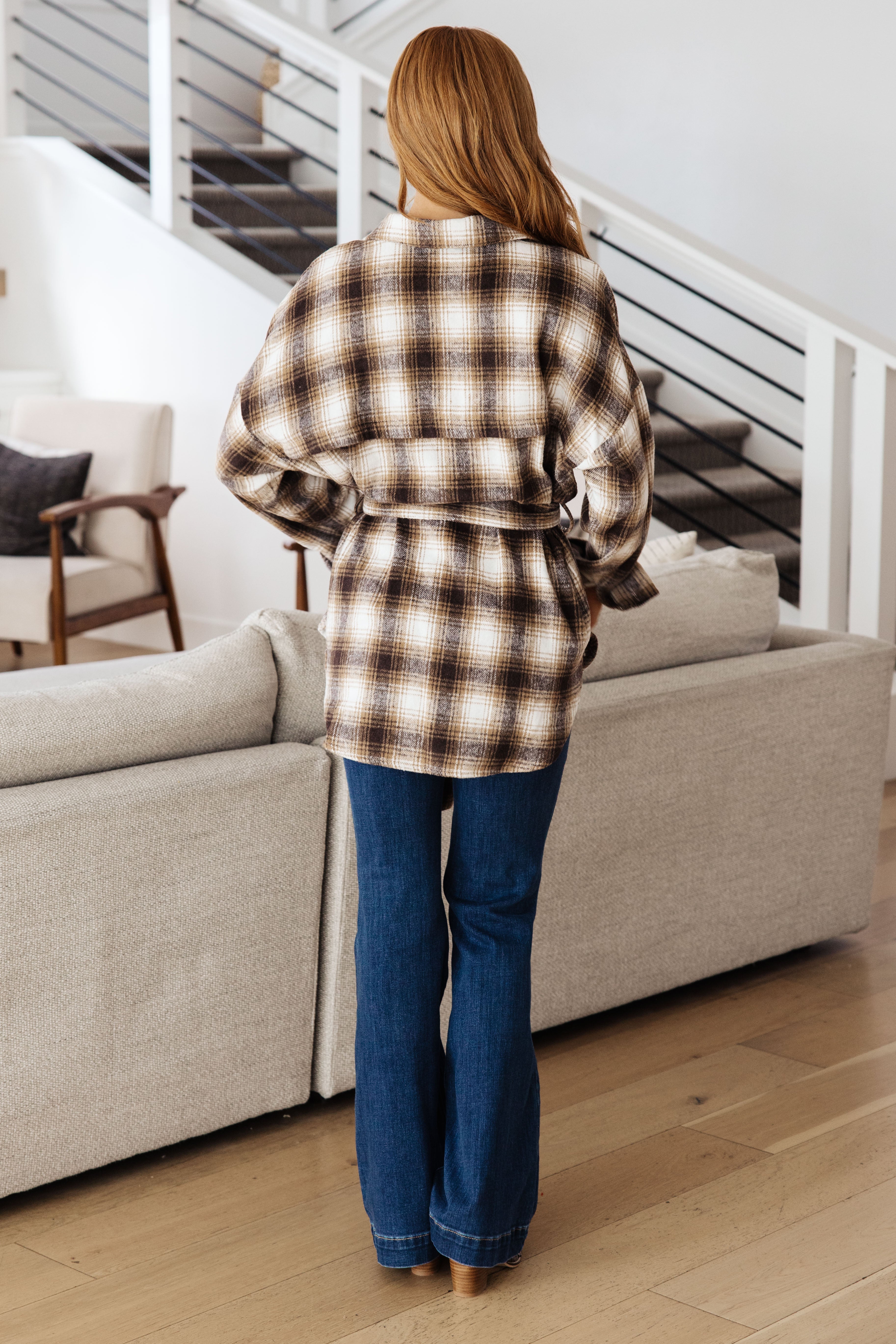 Outside Stroll Plaid Waist Tie Shacket • Brown