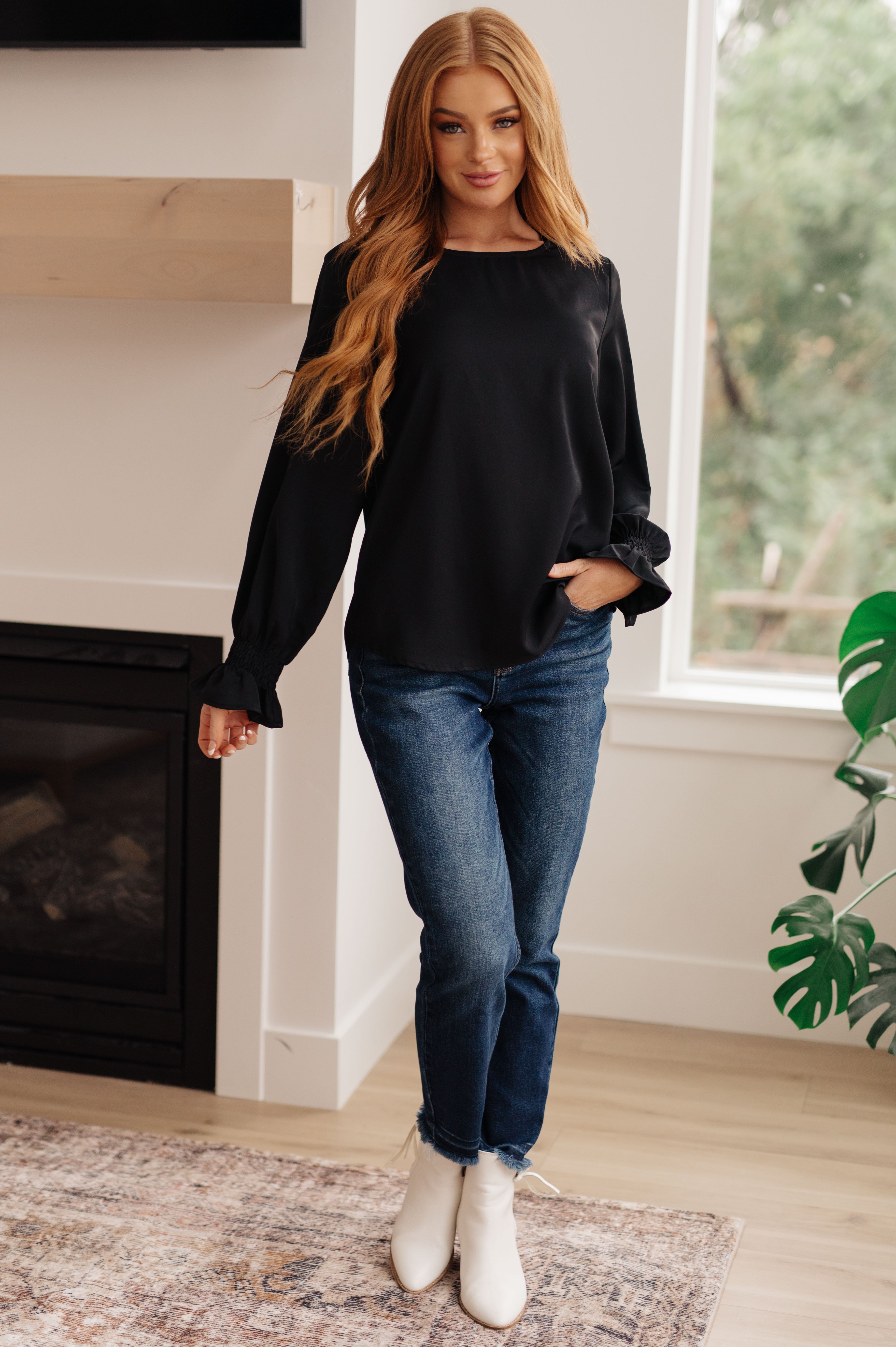 Peaceful Moments Smocked Sleeve Blouse • Black