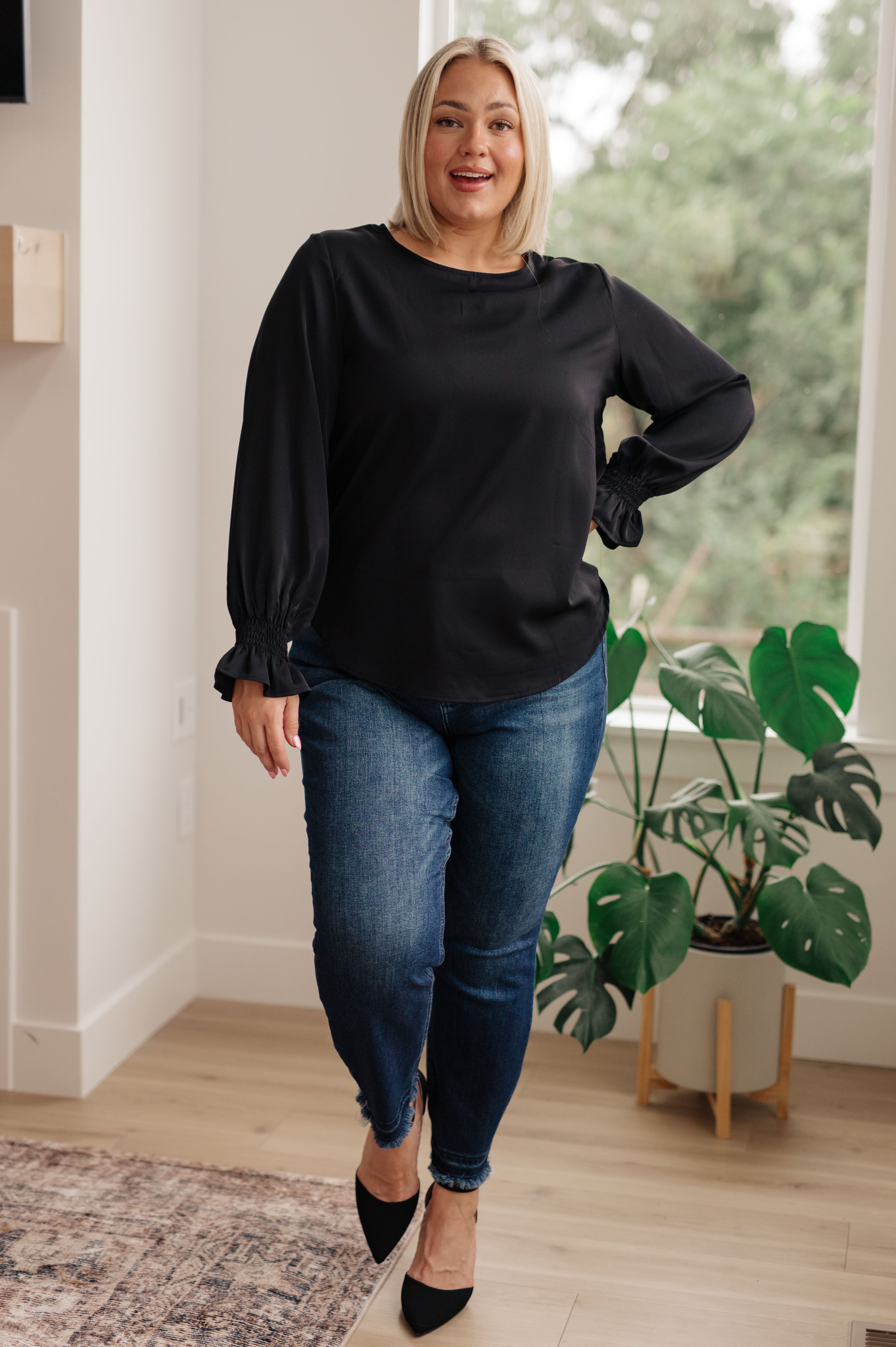 Peaceful Moments Smocked Sleeve Blouse • Black