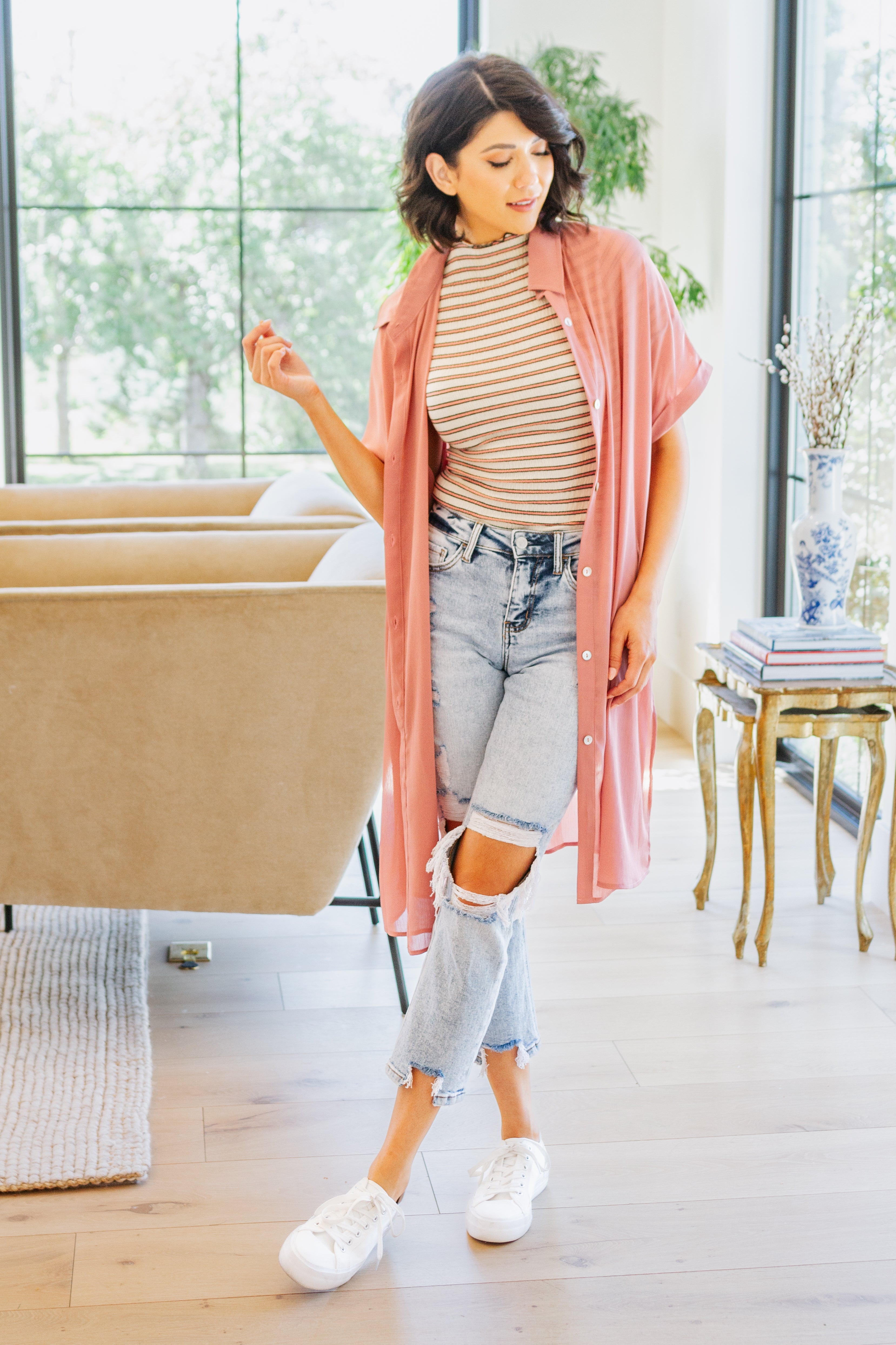 Nostalgic Note Striped Mock Neck Top - Atomic Wildflower