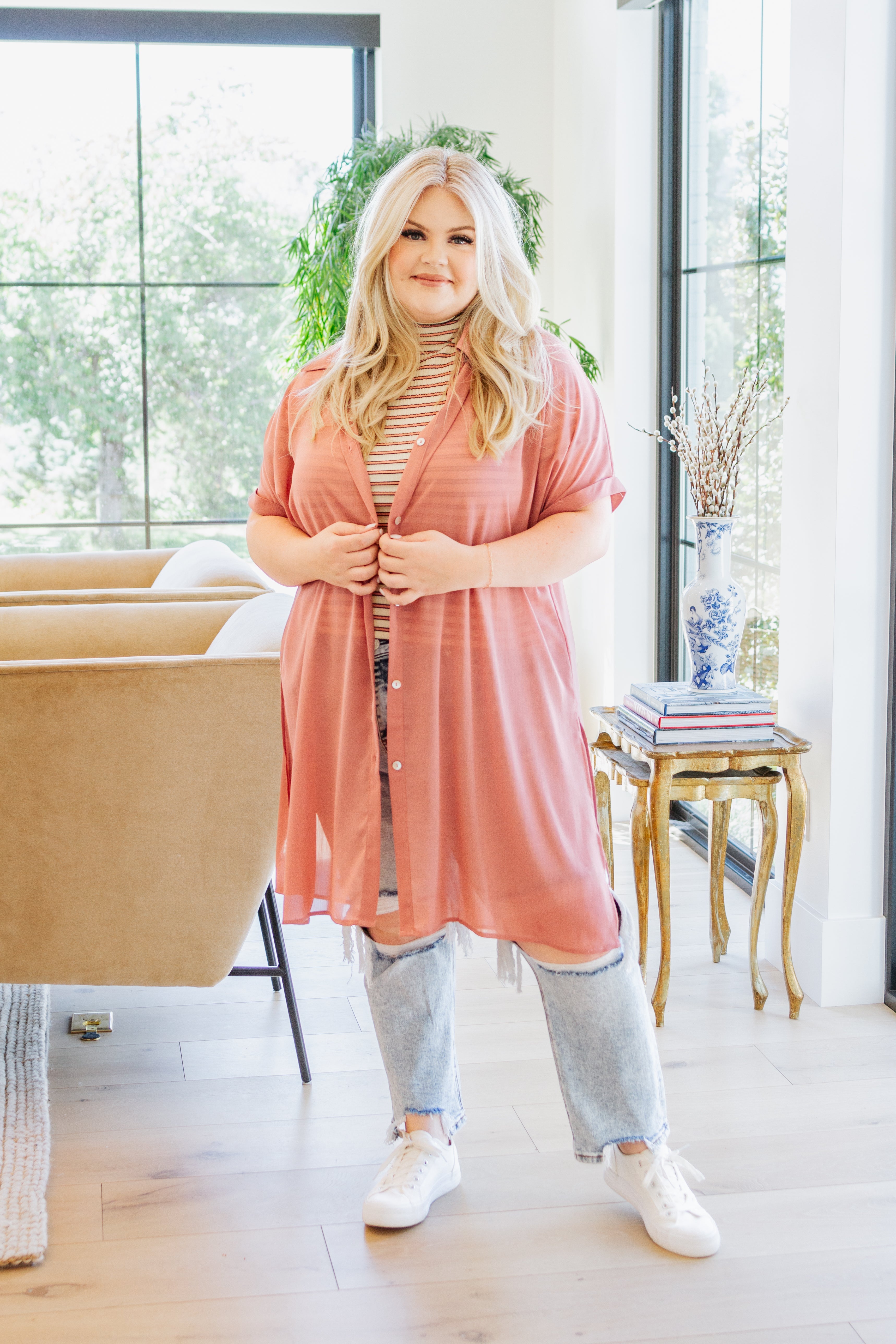 Nostalgic Note Striped Mock Neck Top - Atomic Wildflower