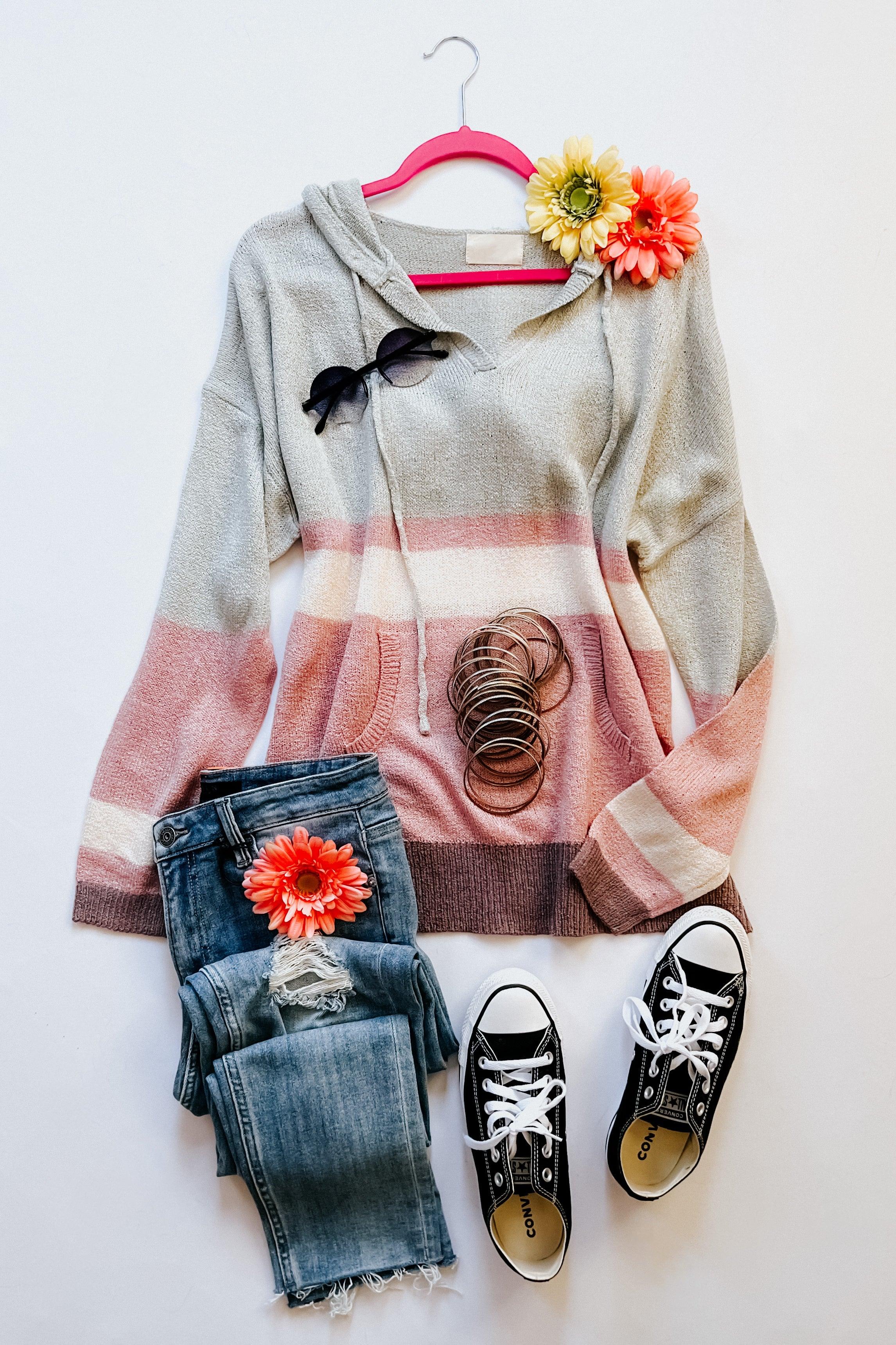 Striped Boy Problem Spring Hoodie styled with ripped blue jeans, black Converse sneakers, sunglasses, bangles, and floral accessories