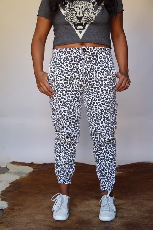 Loungin’ Leopard Denim Joggers • White - Atomic Wildflower