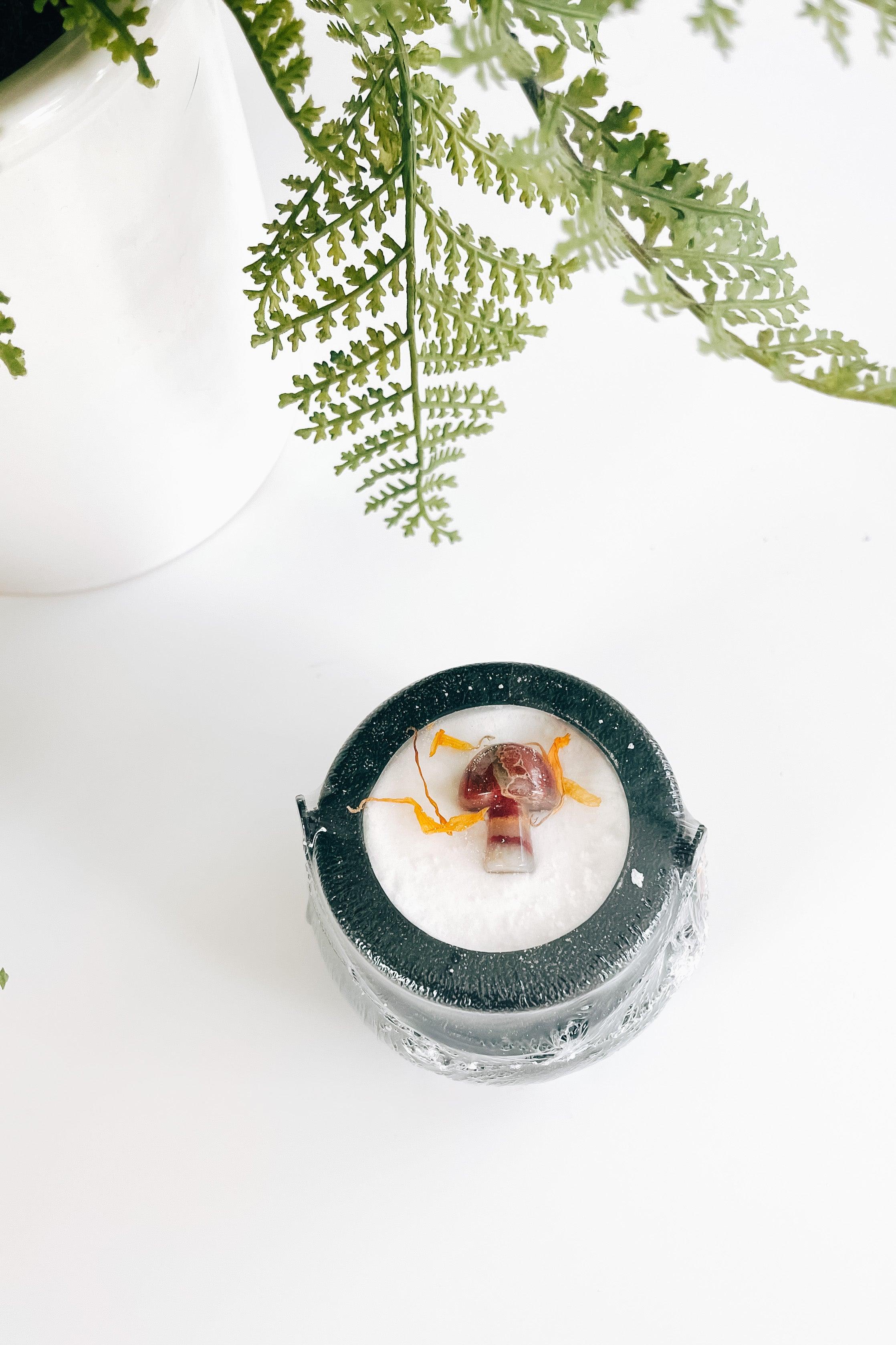Black cauldron bath bomb holding with small red and white mushroom crystal and dried petals nearby