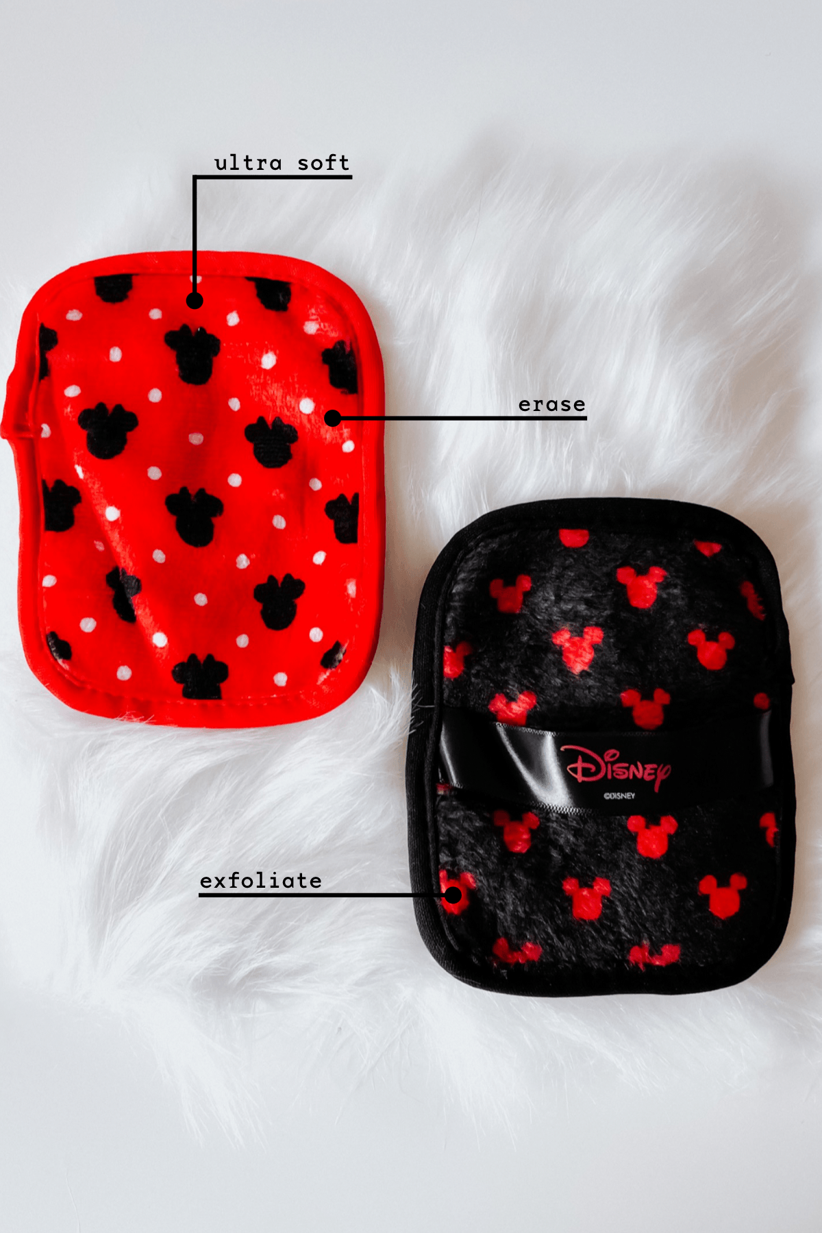 Red and black makeup eraser pads with Disney Mickey Mouse silhouettes on plush fabric highlighting exfoliate and ultra soft sides