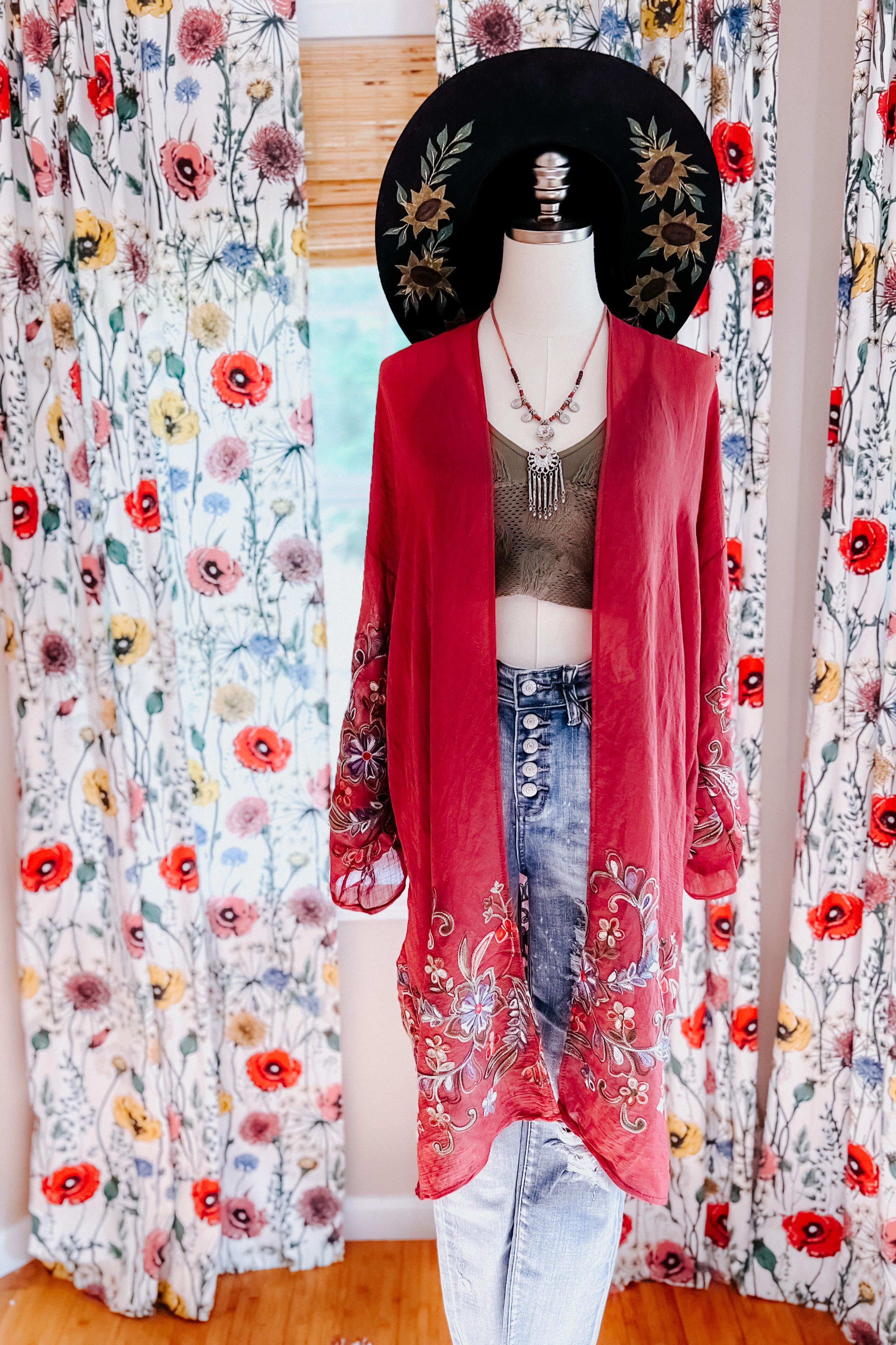 In The Meadow Embroidered Kimono • Crimson - Atomic Wildflower