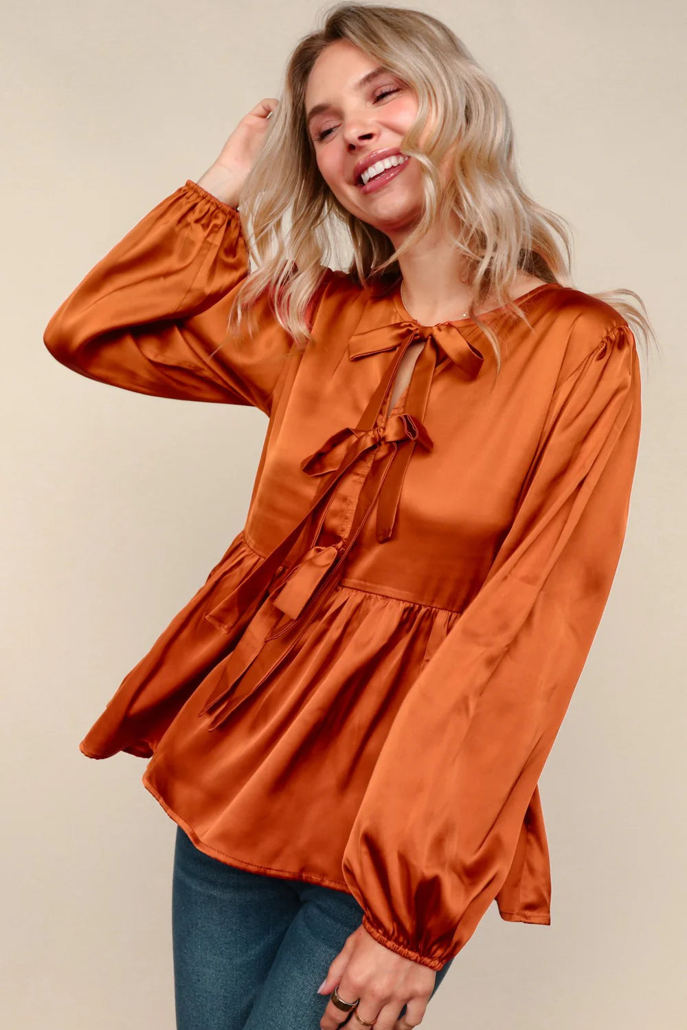 Tied Up in Style Ribbon Blouse • Rust