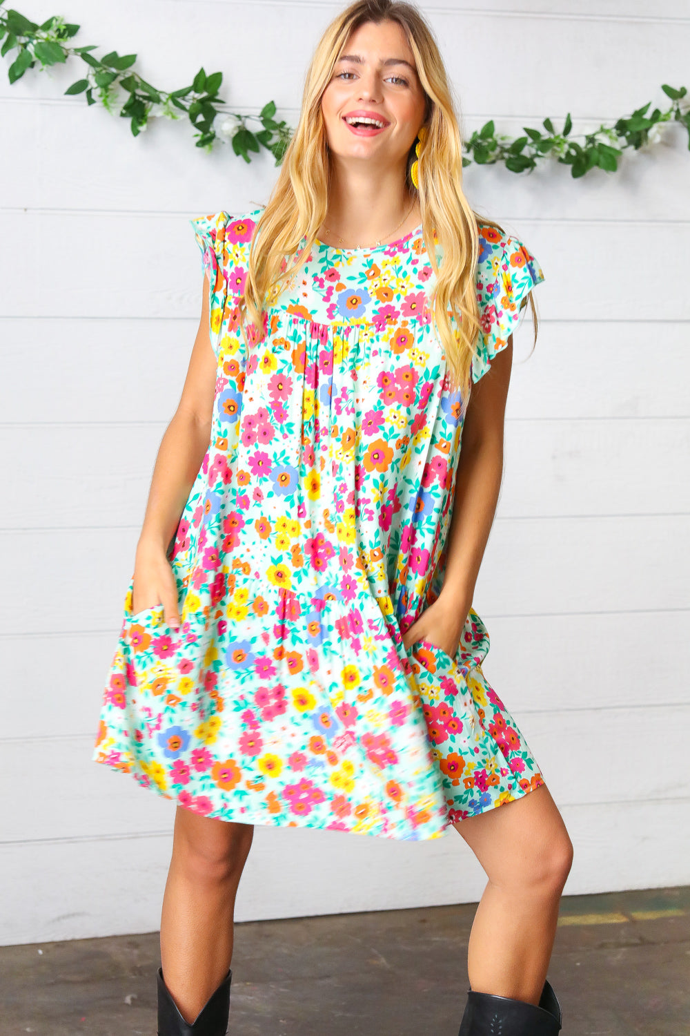 Bethany Floral Print Ruffle Frill Sleeve Dress - Atomic Wildflower