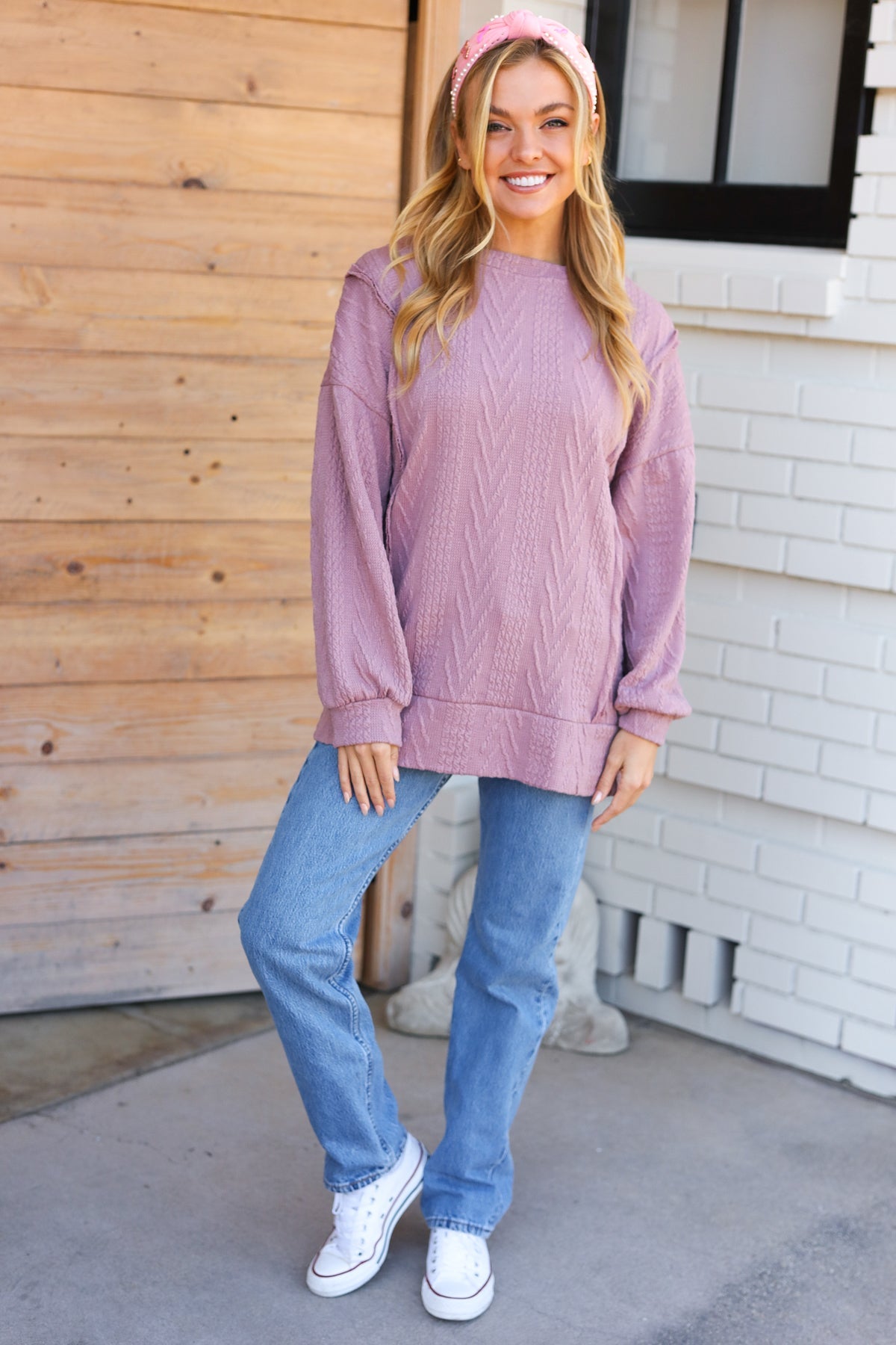 Back To Basics Jacquard Cable Pullover Top • Mauve