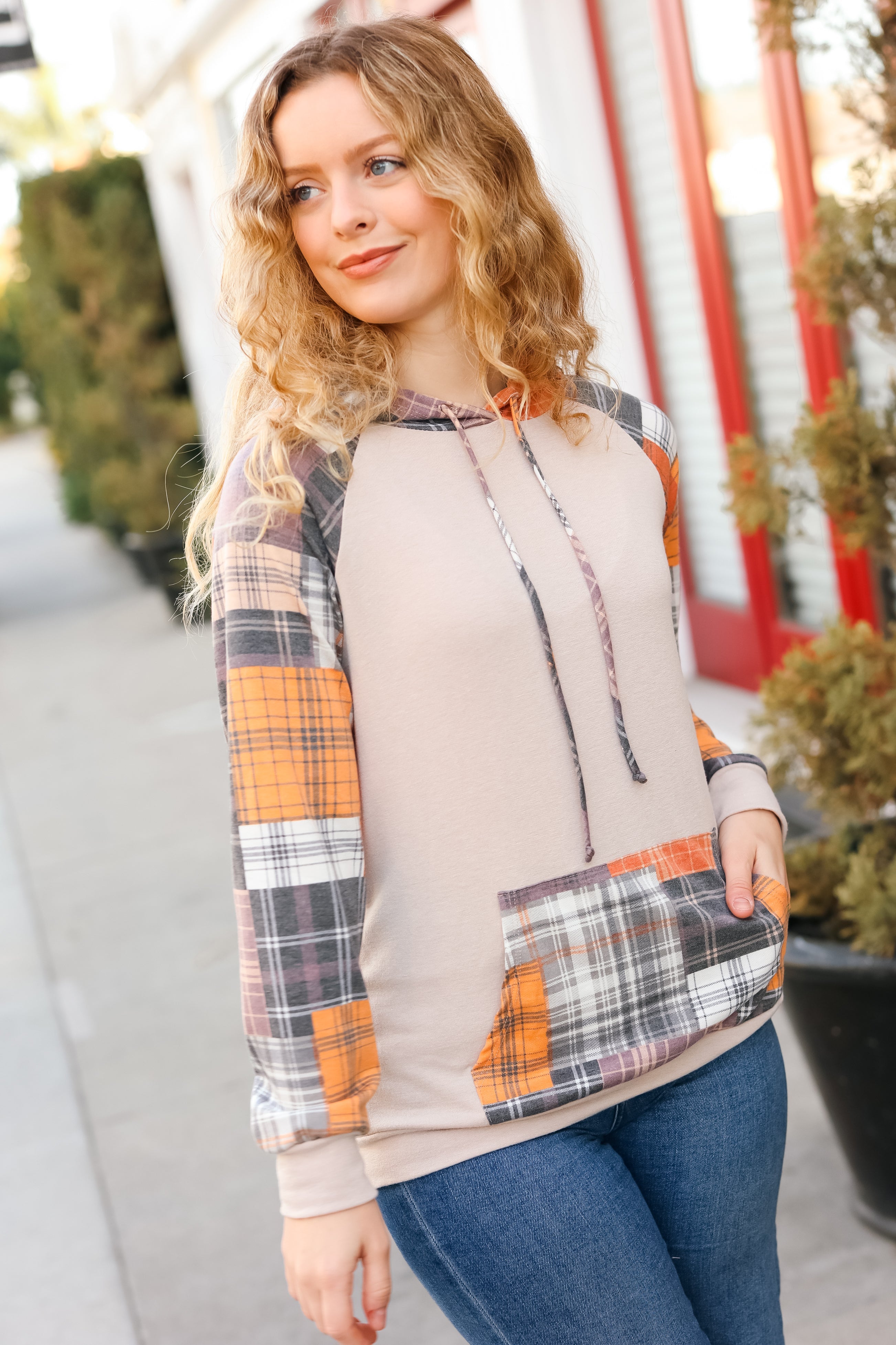 Good With It Plaid Terry Hoodie • Orange & Taupe