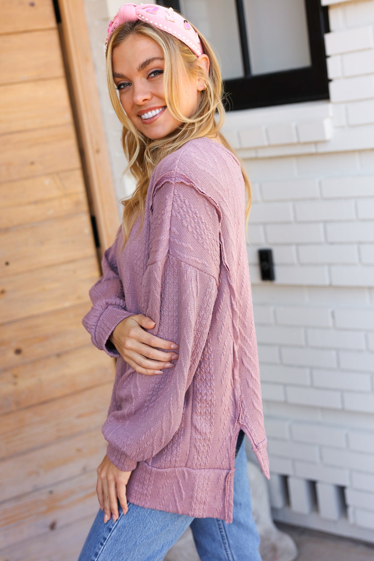 Back To Basics Jacquard Cable Pullover Top • Mauve