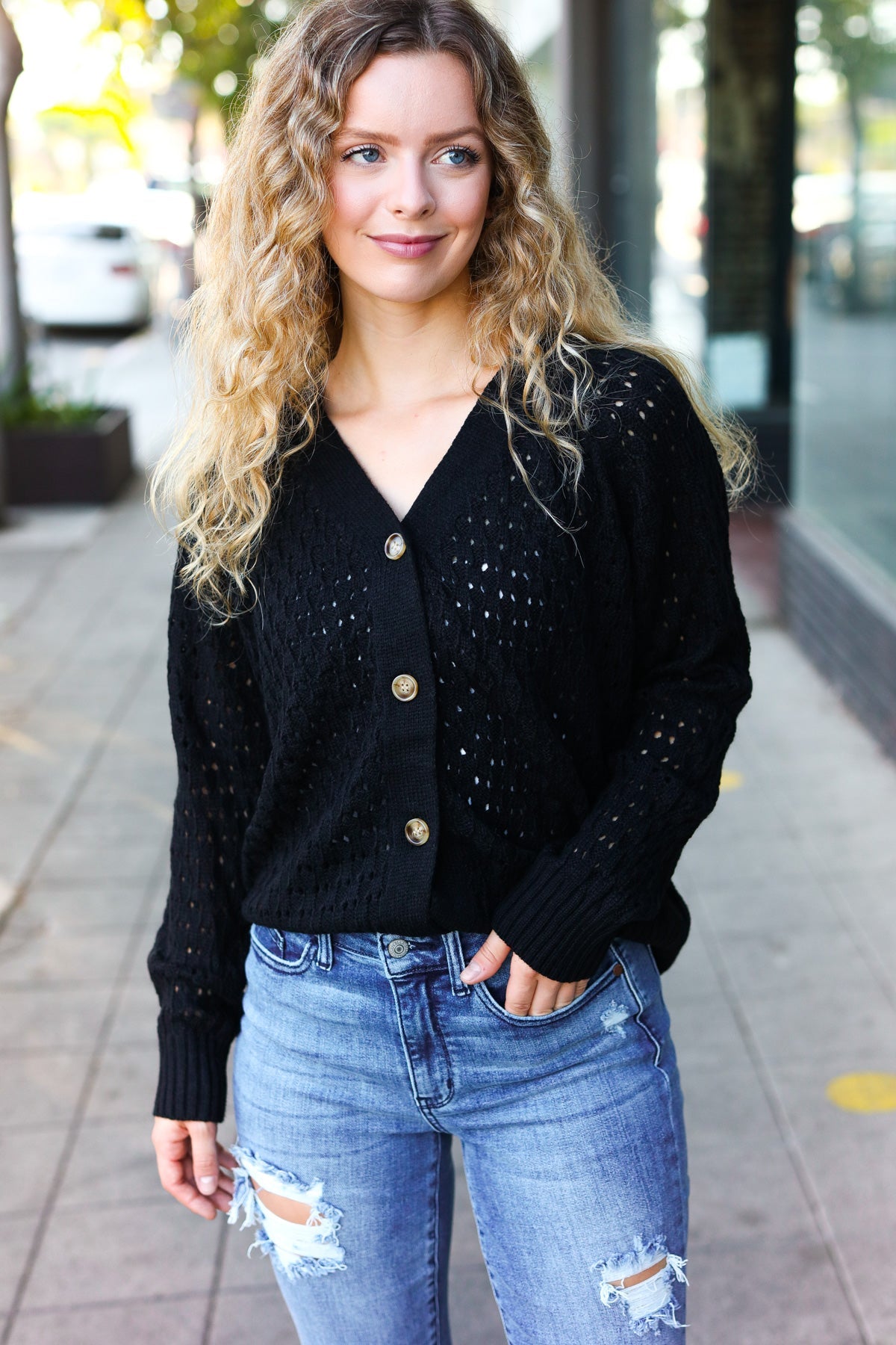 Wallflower Pointelle Knit Button Down Cardigan • Black