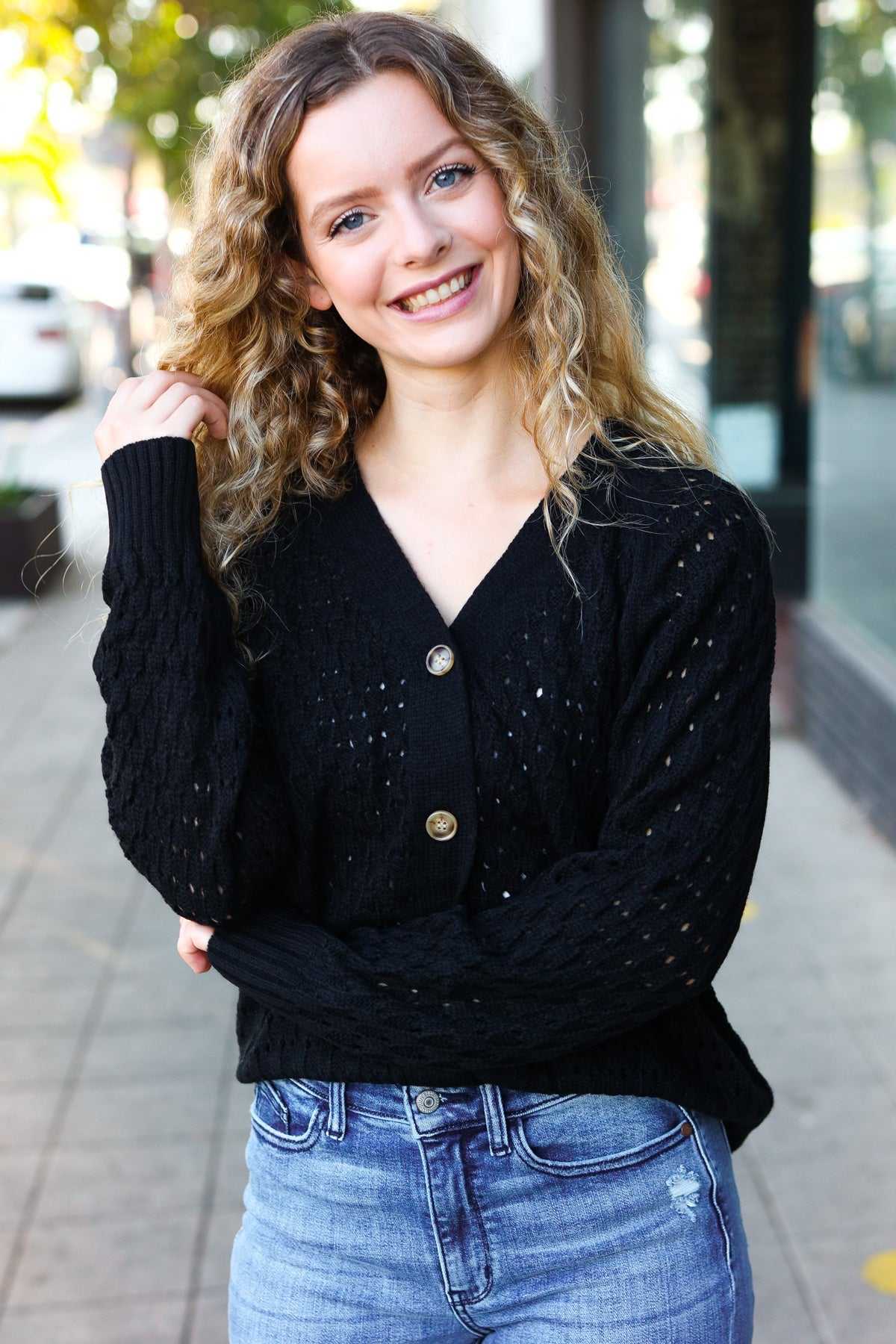 Wallflower Pointelle Knit Button Down Cardigan • Black