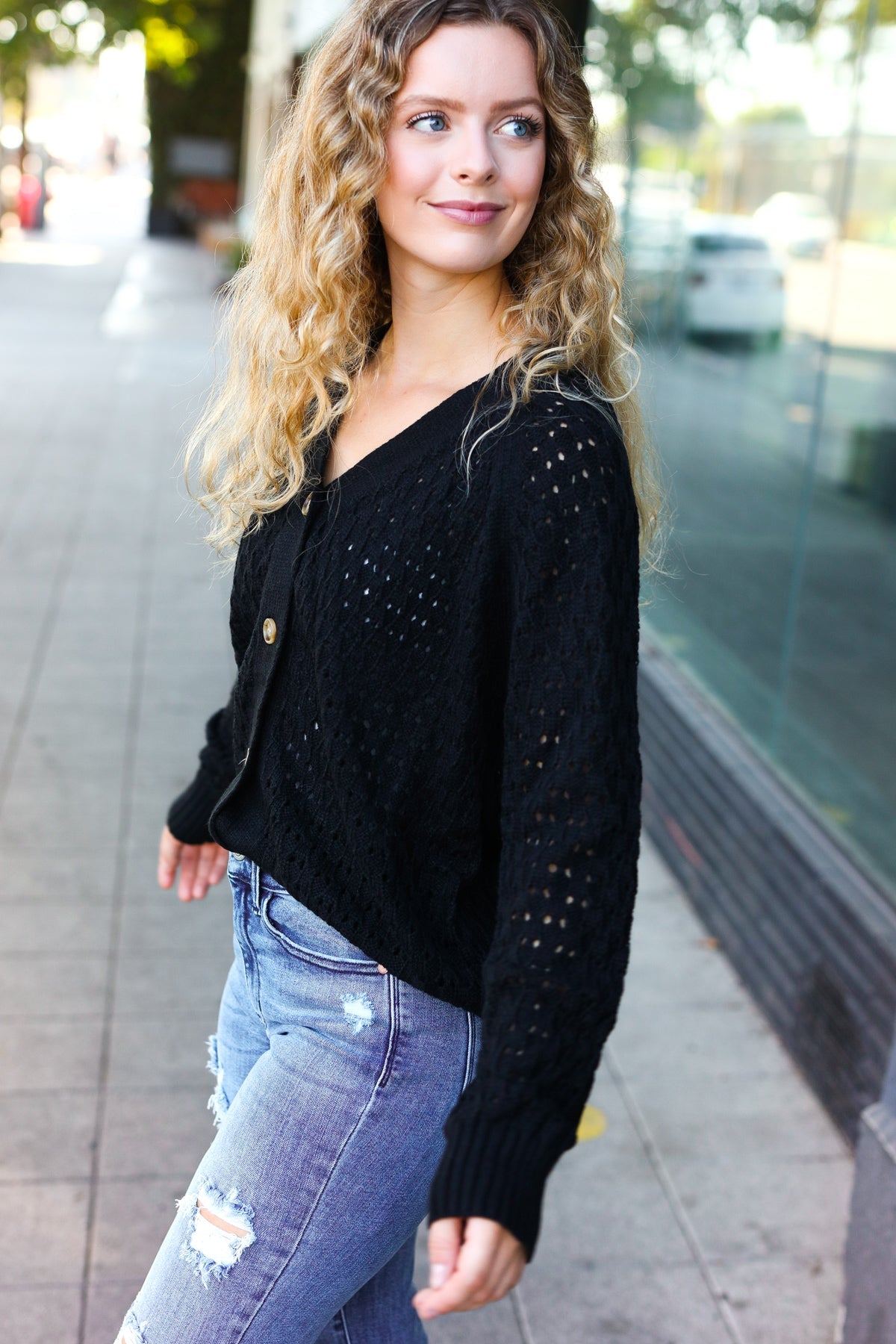 Wallflower Pointelle Knit Button Down Cardigan • Black