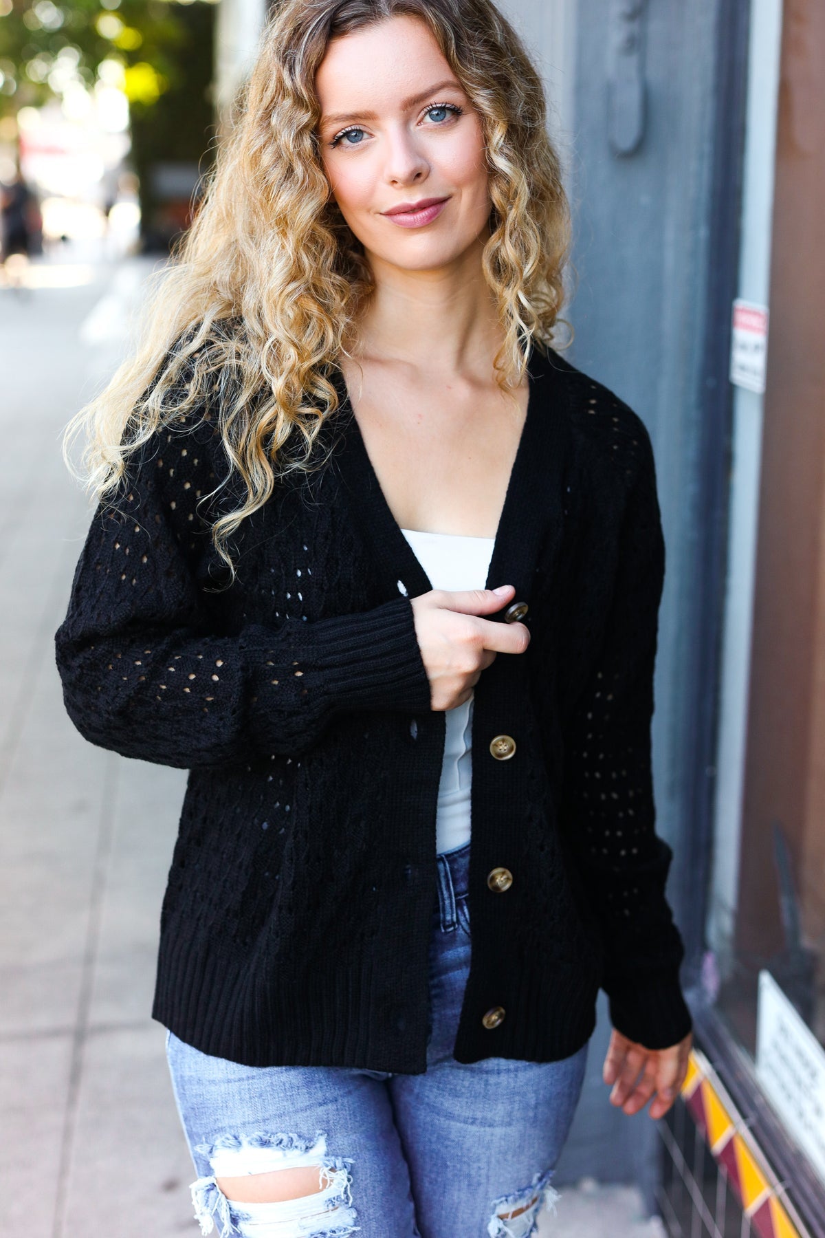 Wallflower Pointelle Knit Button Down Cardigan • Black
